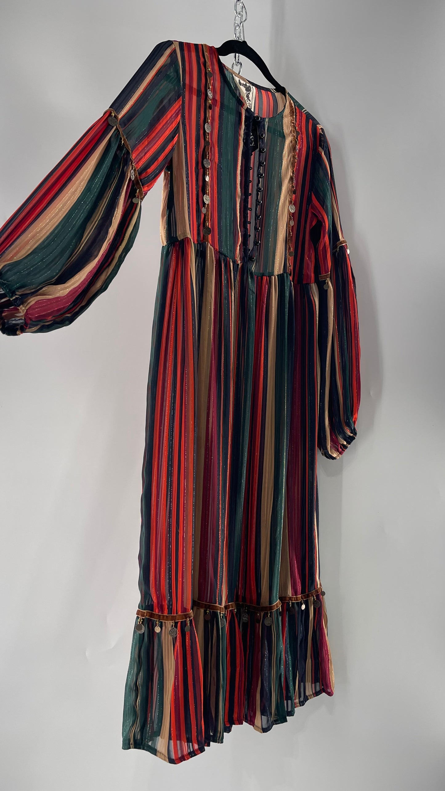 JAASE Striped MIDI Dress with Ruffled Hem, Coin Detailing, Dramatic Button Front Dress (XS)