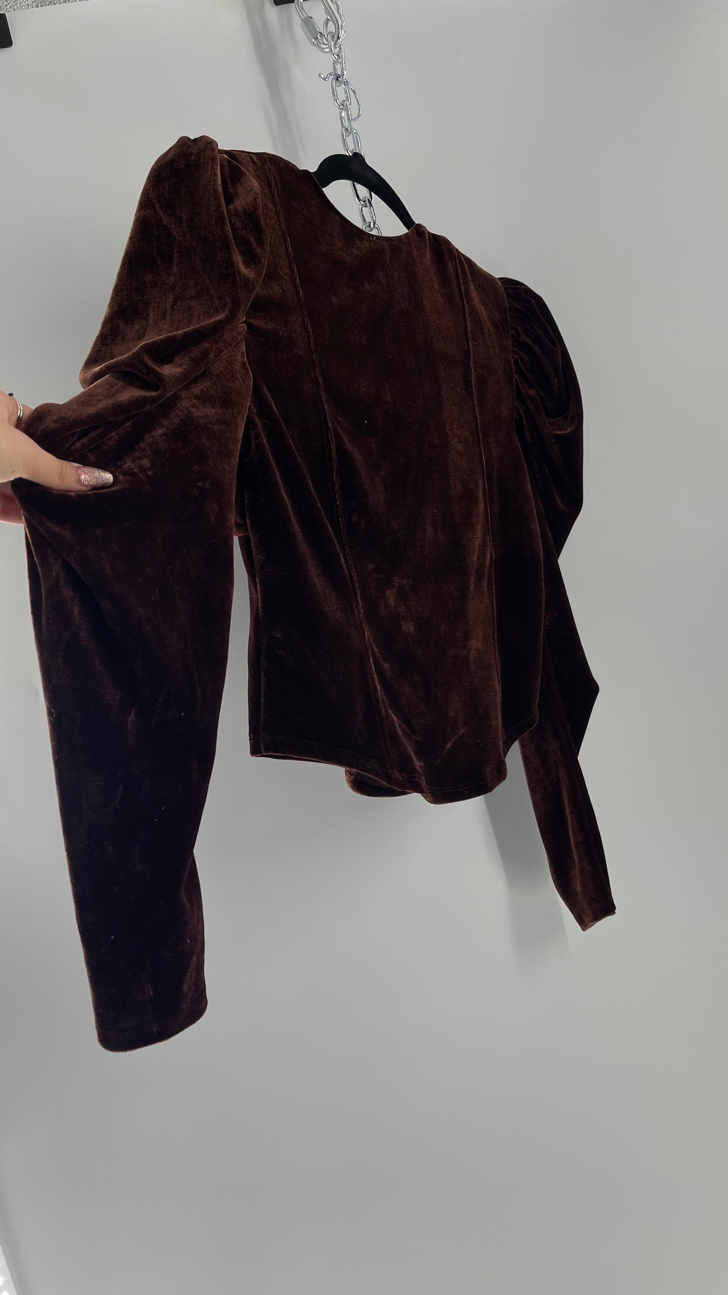 Free People Dark Brown Velvet Long Sleeve Cropped Blouse with Milkmaid Neckline and Renaissance Puff Shoulder (Large)