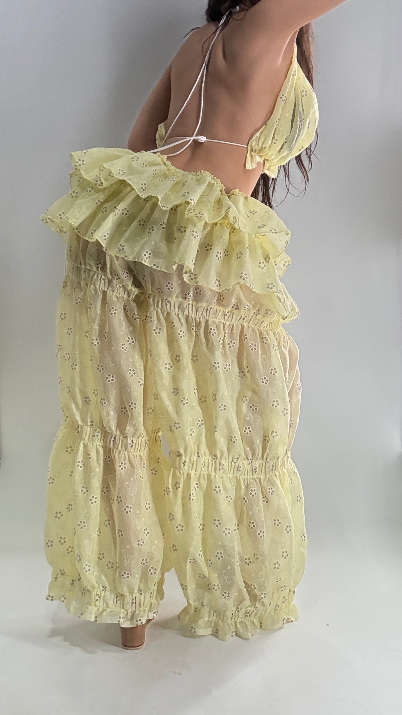 Vintage Handmade 2pc Baby Yellow Set with Tiered Pants, Ruffled Bum, and Floral Eyelet Pattern (XS-M)