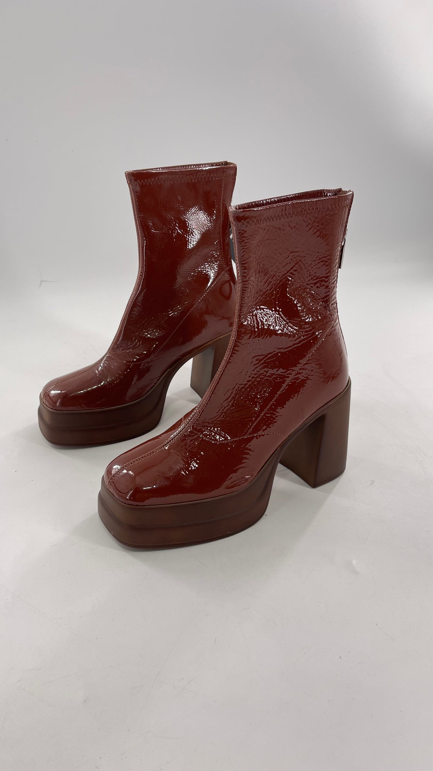 Free People Double StackedGlossy Patent Chestnut Brown Platform Boots with Chunky Heels (37.5)