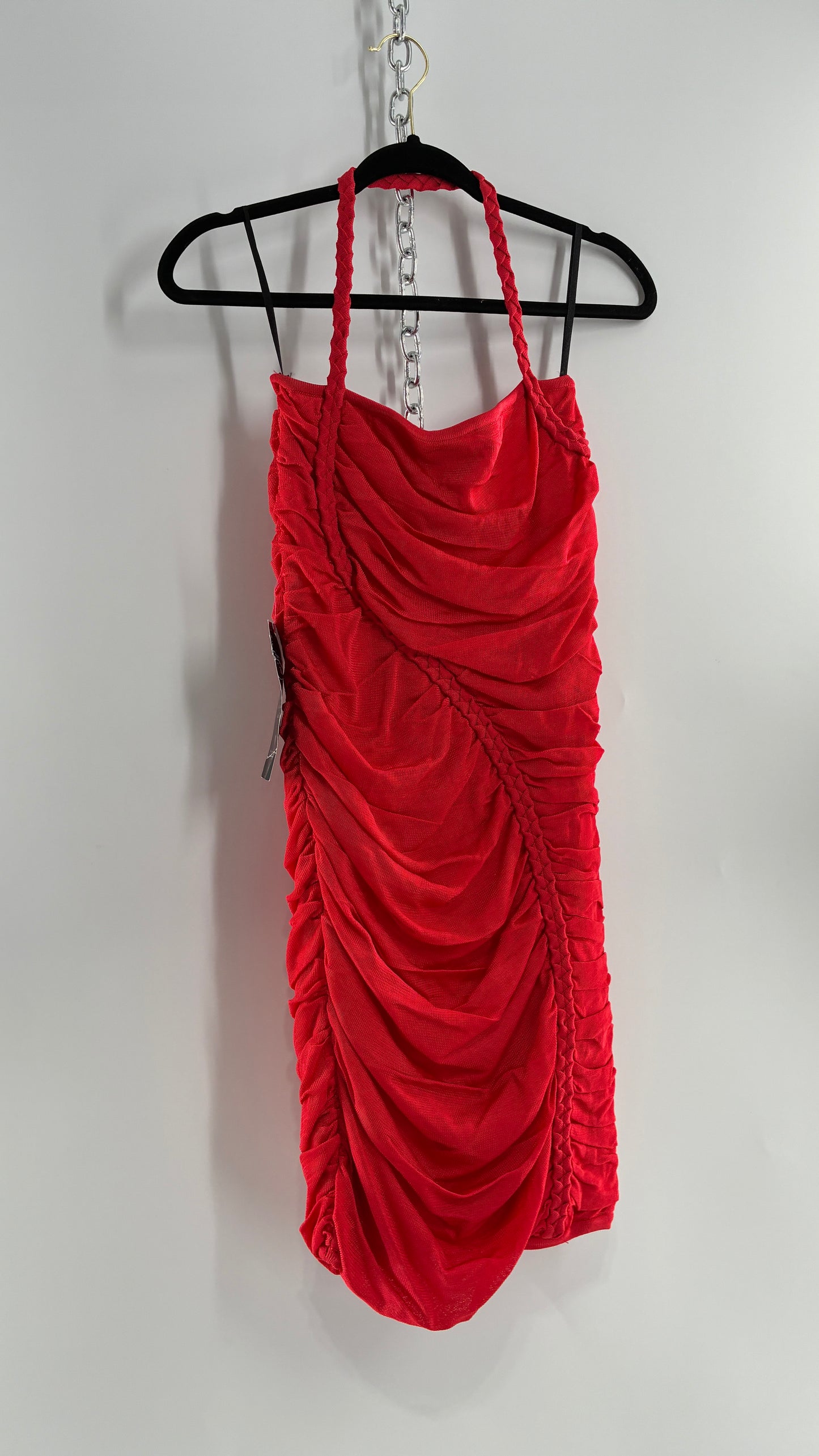 Deadstock Vintage BEBE Red Heavy/Thick Ruched and Roped Mini Dress (Medium)