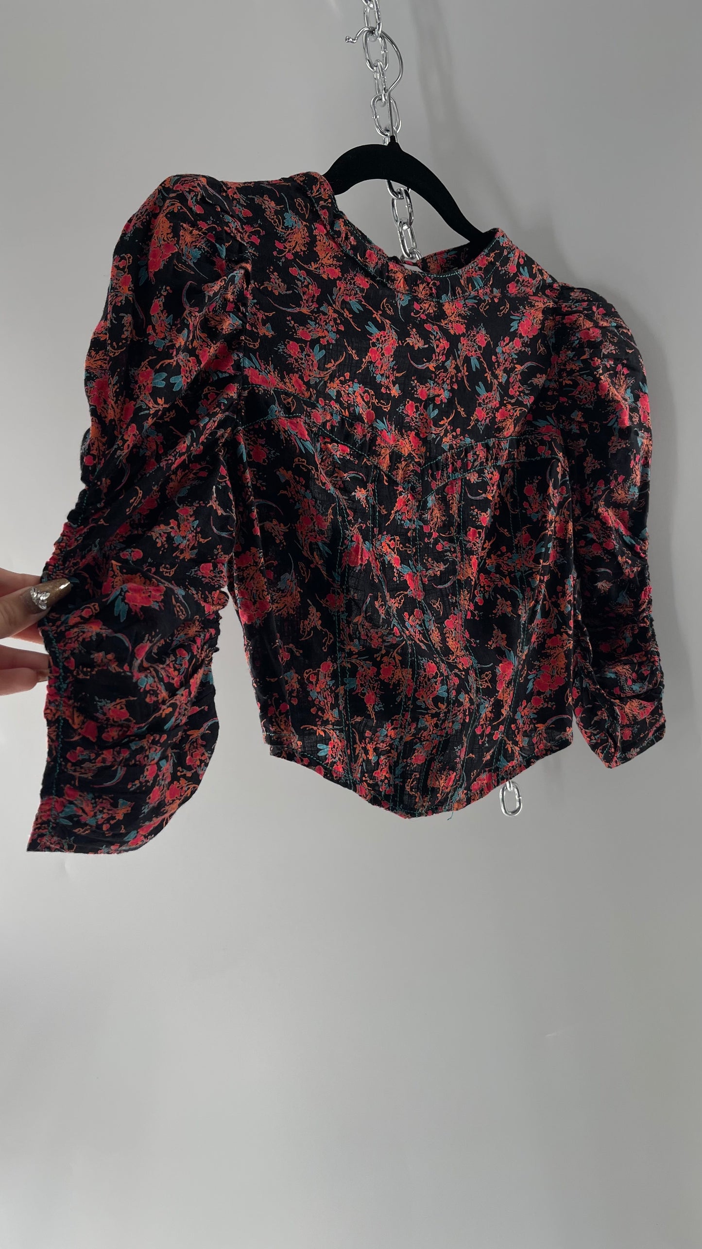 Free People Black Corset-esque Crop Top with Open Back and Ruched Sleeves (XS)