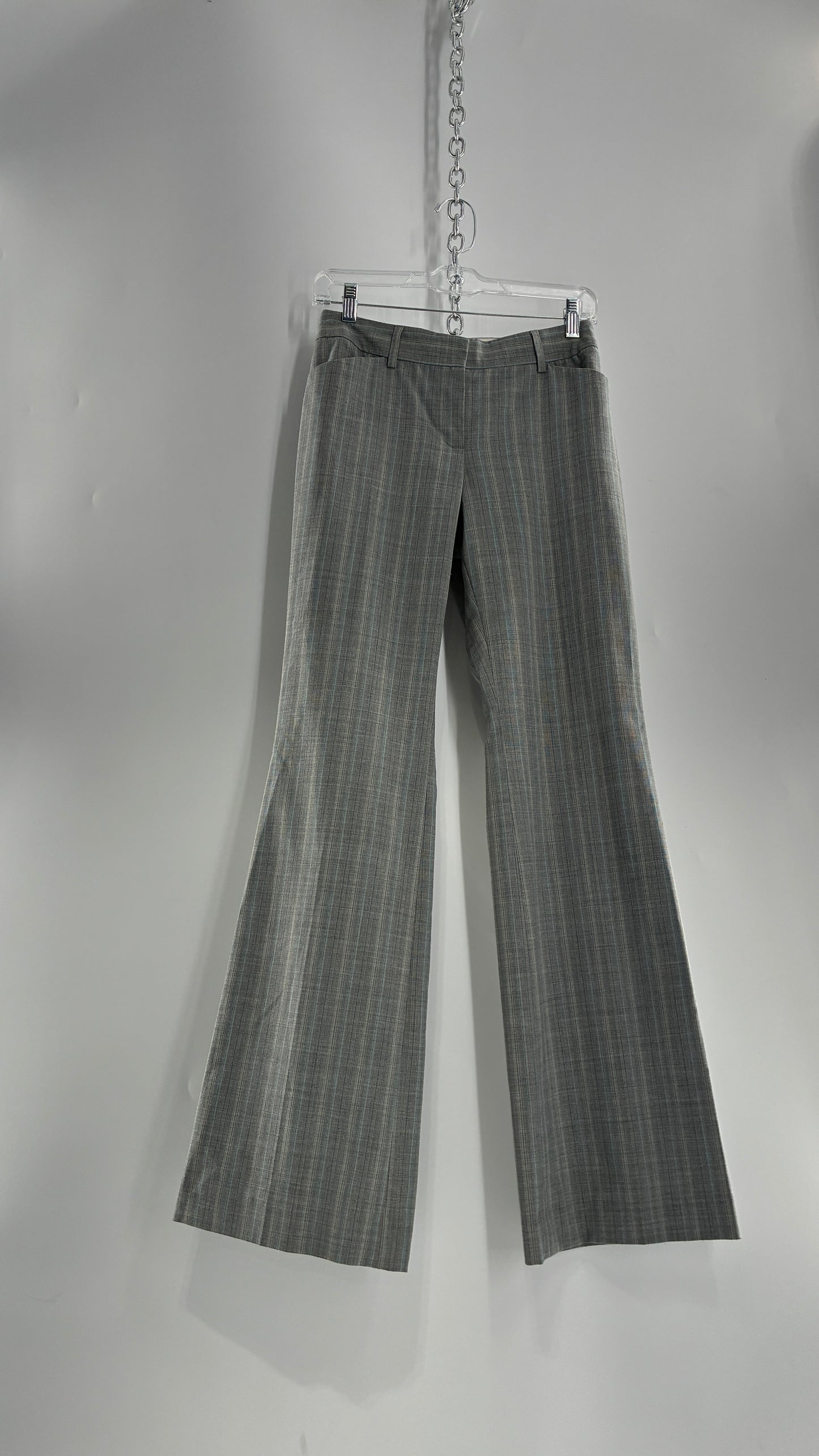 Vintage 1990s EXPRESS Editor Iconic Grey and Blue Low Rise Kickflare Pants (1)