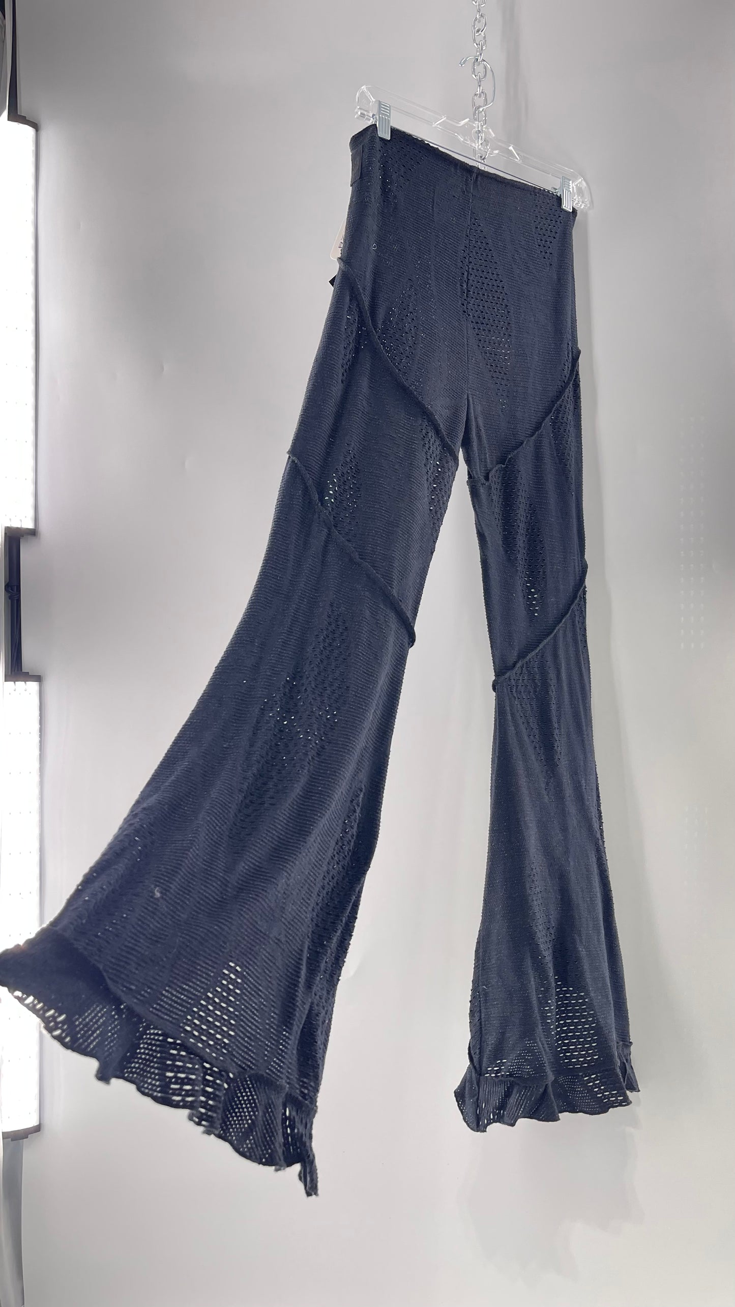 Free People Black Midnight Grey Mixed Pattern Kickflares with High Low Hem, Exposed Seams and Distressing Tags Attached (Medium)