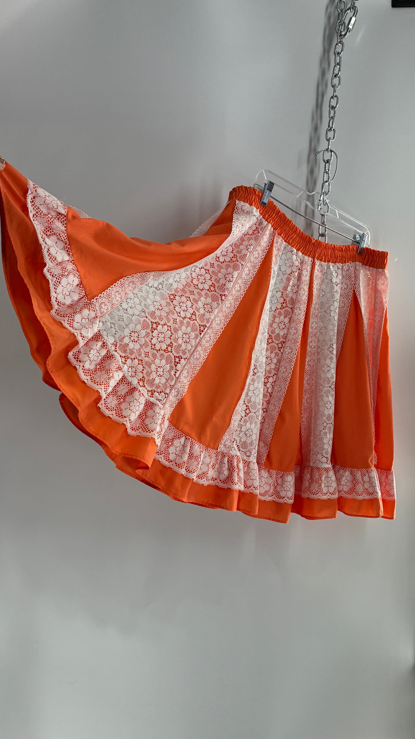 Vintage 1970s Handmade Sheer Lace Paneled Orange Mini Skirt (XL)