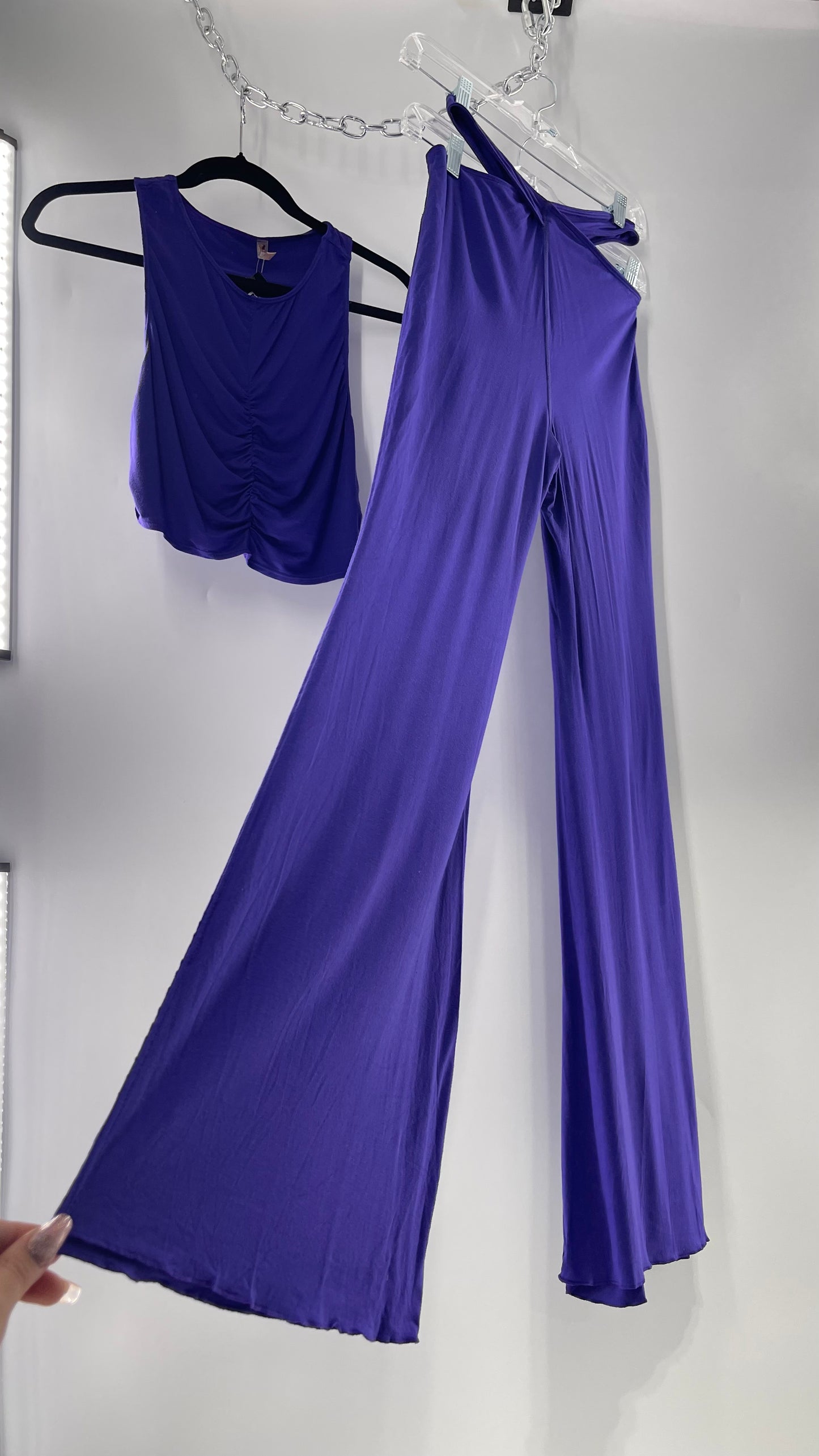 Free People 2 Piece Cobalt Purple Ruched Tank+ Cut Out Hip Strap Detail Flared Bottoms Set (Small)