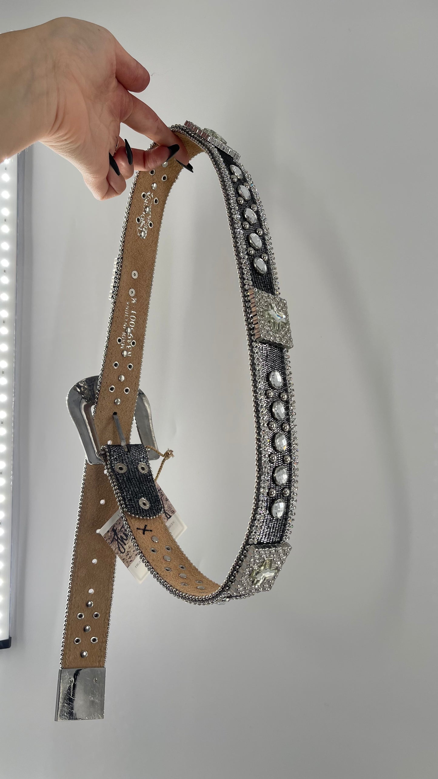 Free People Dark Silver Metallic Snake Print Belt covered in Crystal Embellishments and Heavy Metal Crosses (M)