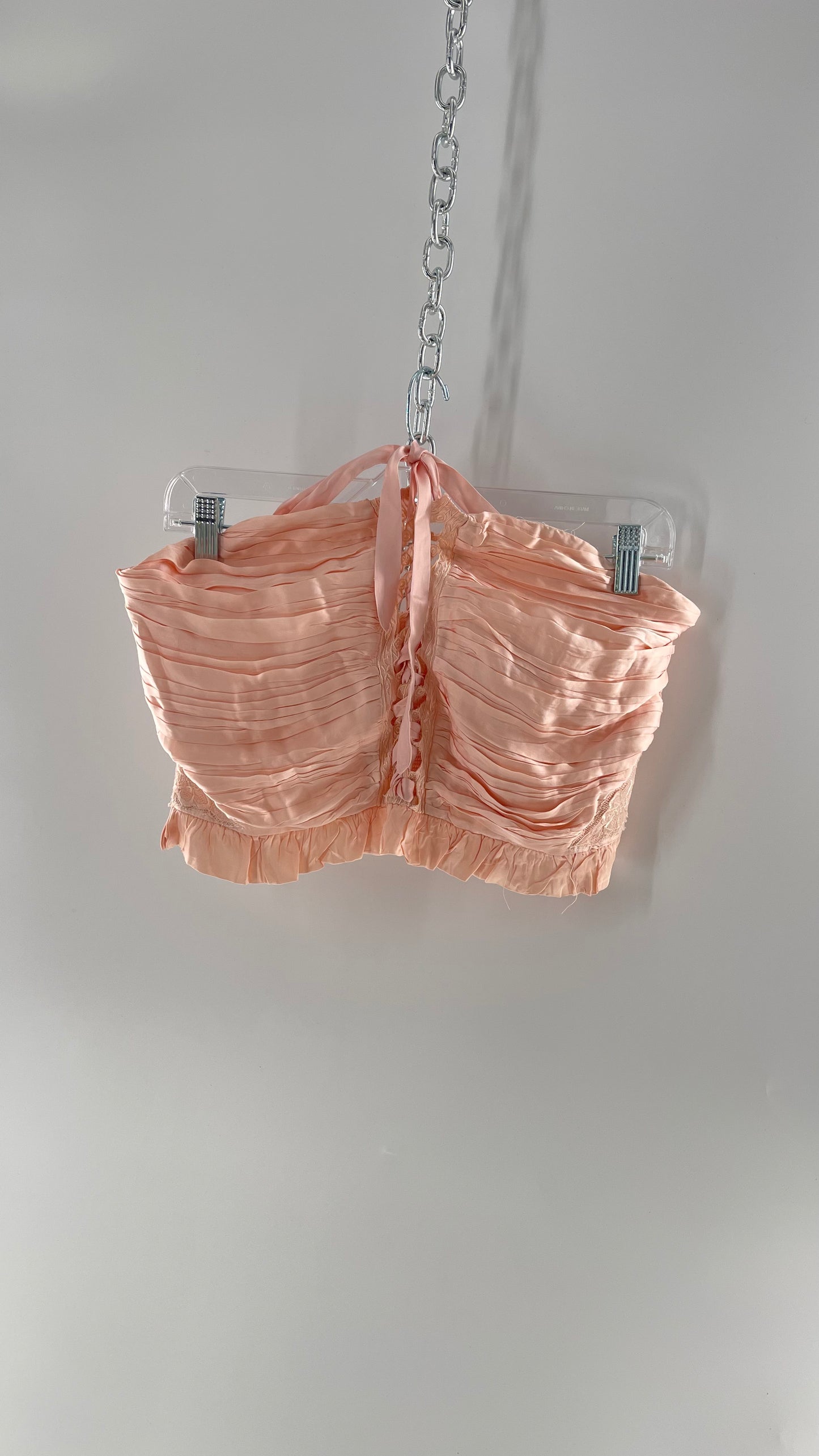 Free People Pink Viscose Pleated Tube Top with Ribbon Lace Up Bodice, Embroidered Flower Detail, and Ruffled Hem (Large)