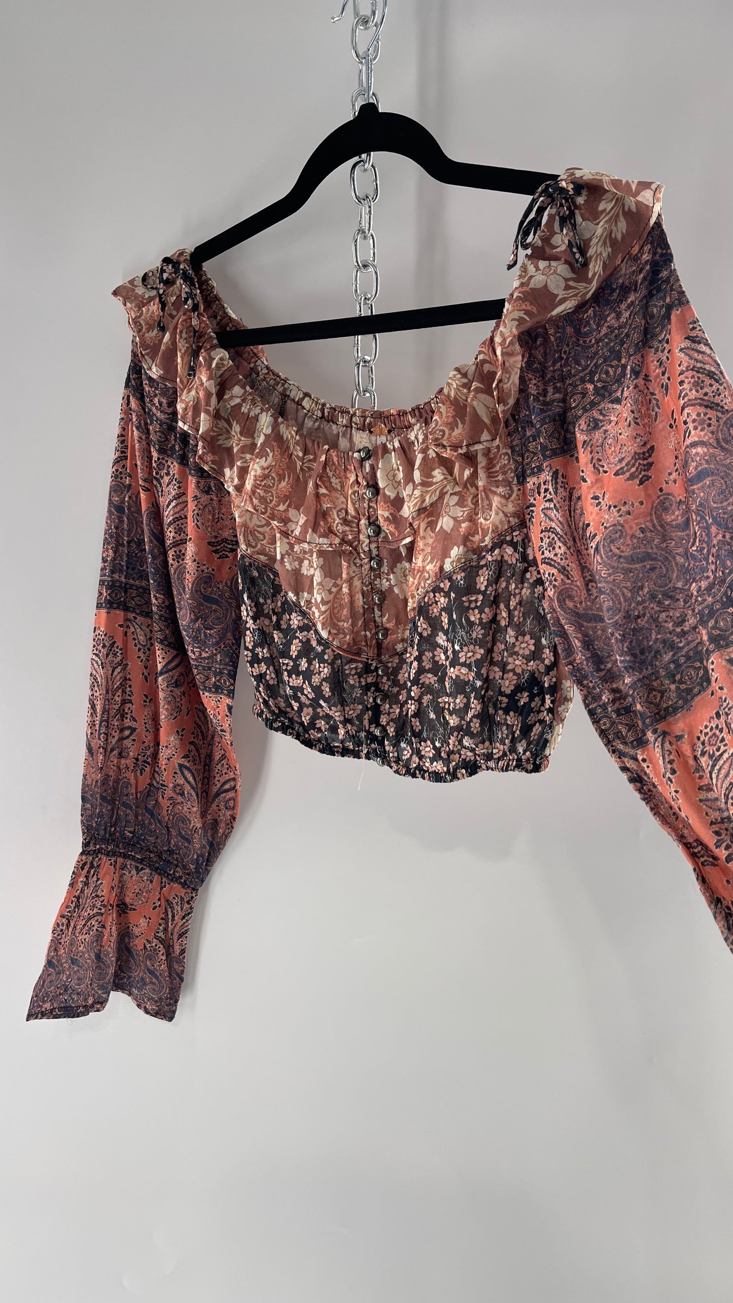 Free People Cotton Pink Blue Mixed Paisley Patterned Cropped Blouse with Bell Sleeves, Button Front and Ruffled Neckline with Bow Tie Detail (XS)
