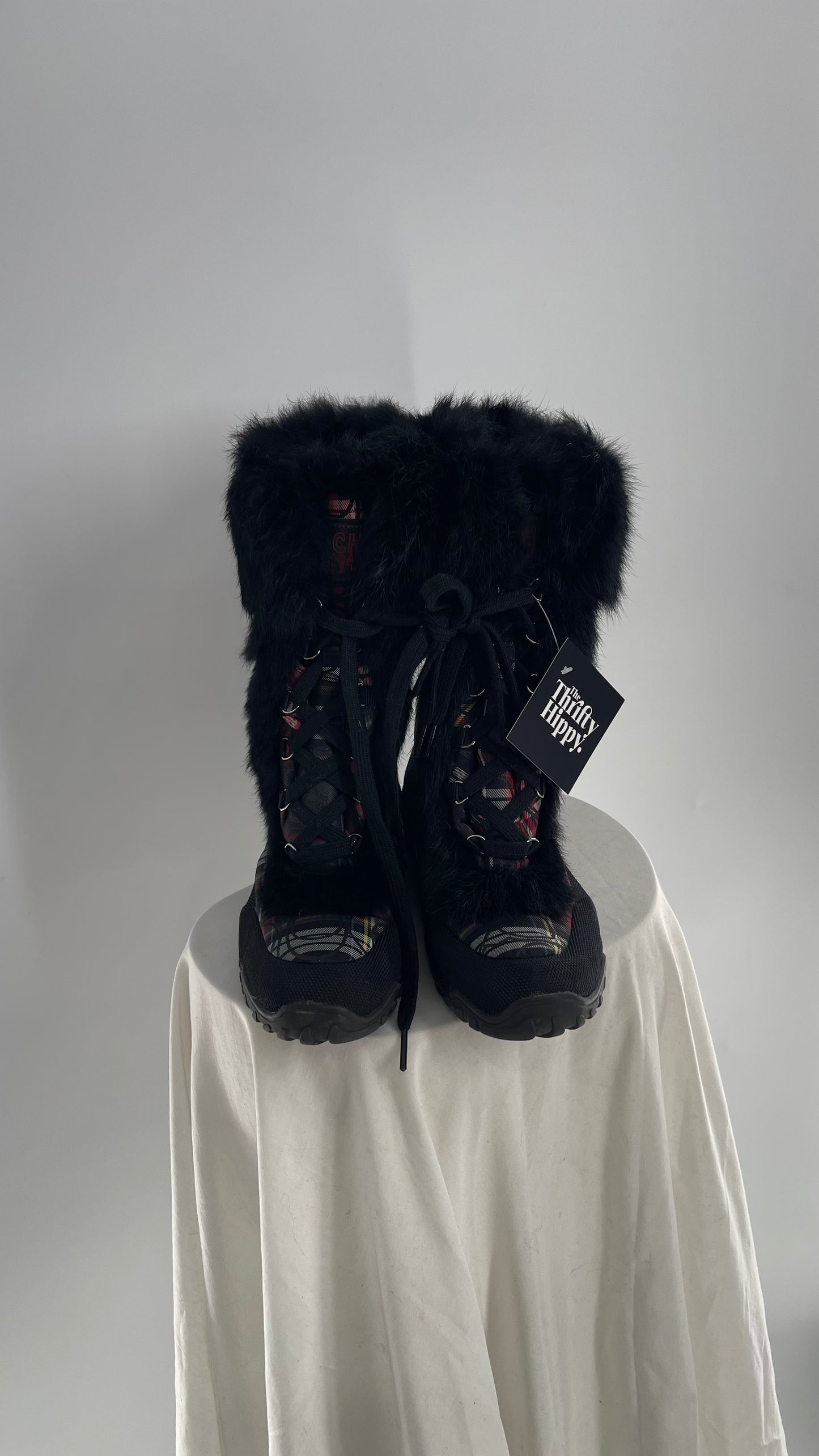 Vintage COACH Jennie Plaid Quilted Logo Patterned Boots with Rabbit Fur Trim (9)
