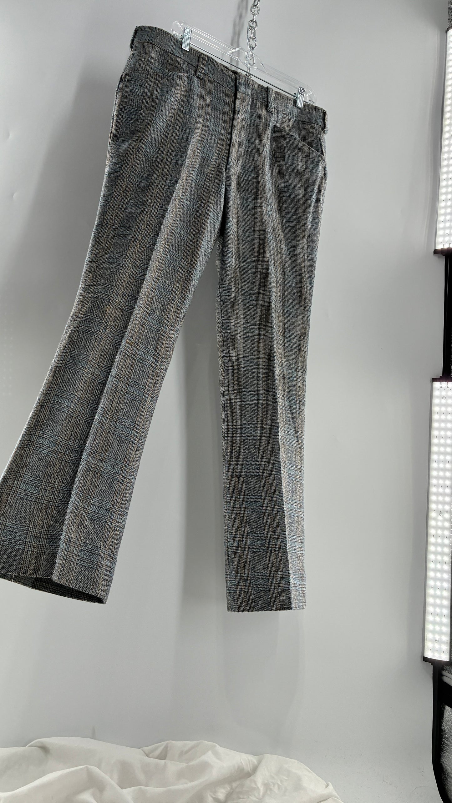 Vintage Handmade Wool Blend Woven Men’s Tailored Trousers with Grey Blue Plaid Pattern (35x32)