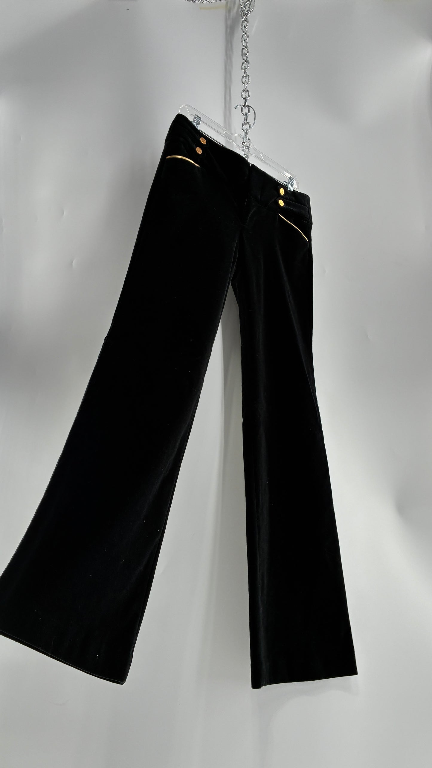 Vintage Alice + Olivia Thick Black Velour Low Rise Kickflare Pants with Thick Waistband with Gold Coin Detailing (6)