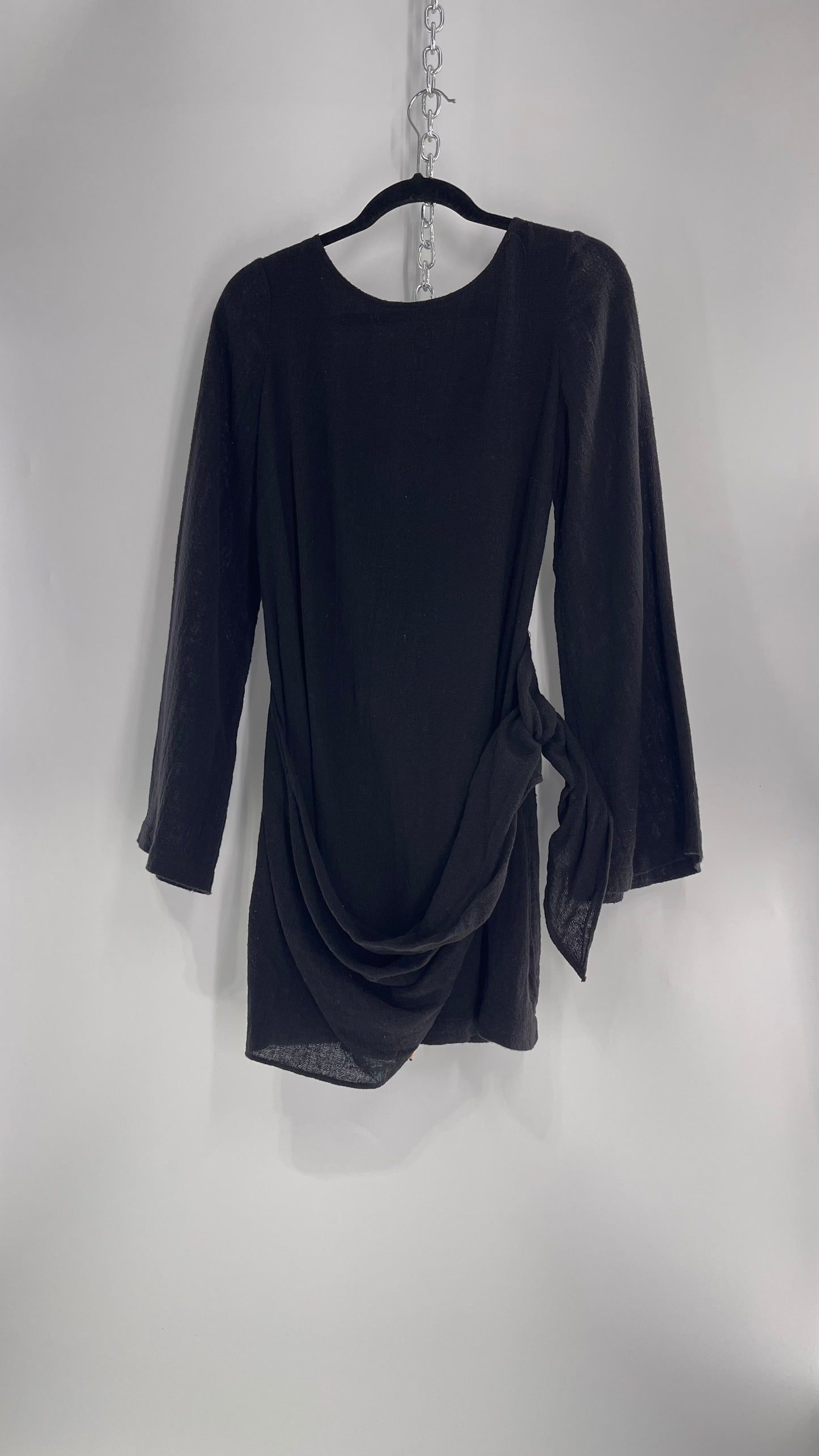 Free People Black Bell Sleeve 100% Cotton/Modal Mini Dress with Tie Front (M)