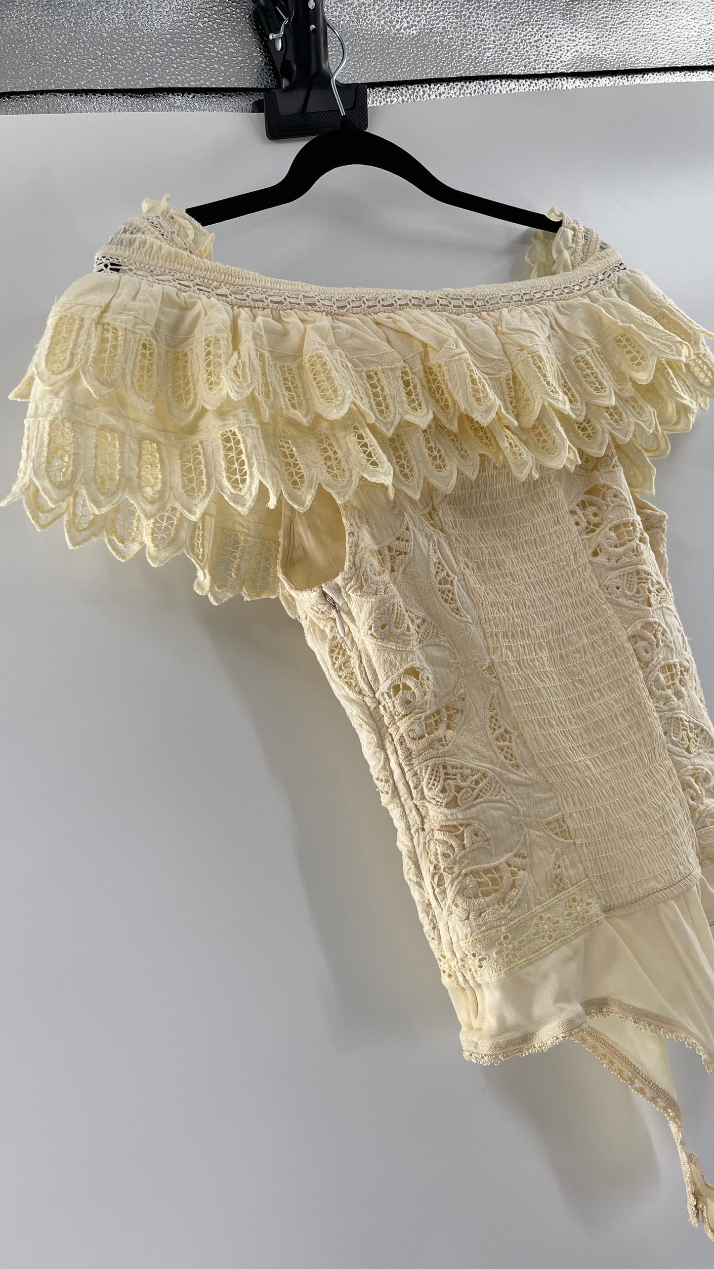 Intimately Free People Light Yellow Lace Bodysuit with Ruffled Off the Shoulder Neckline
(XS)