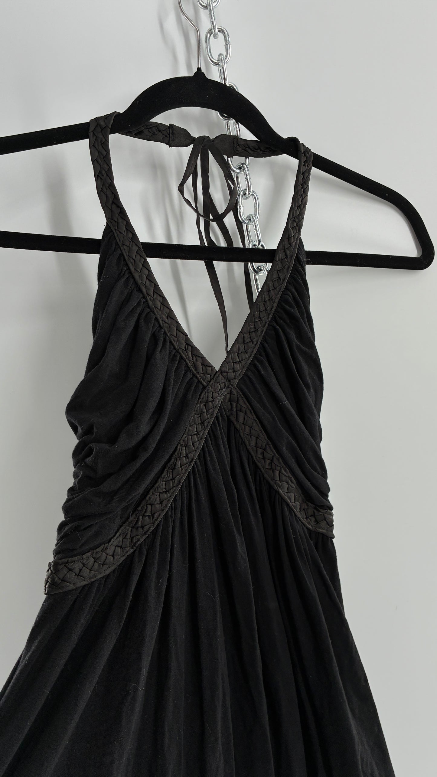 Vintage 1990s Dating Clothing Black Halter with Braided Detail (Small)