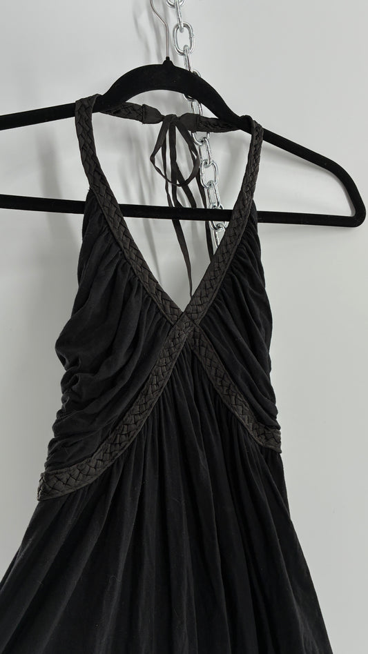 Vintage 1990s Dating Clothing Black Halter with Braided Detail (Small)