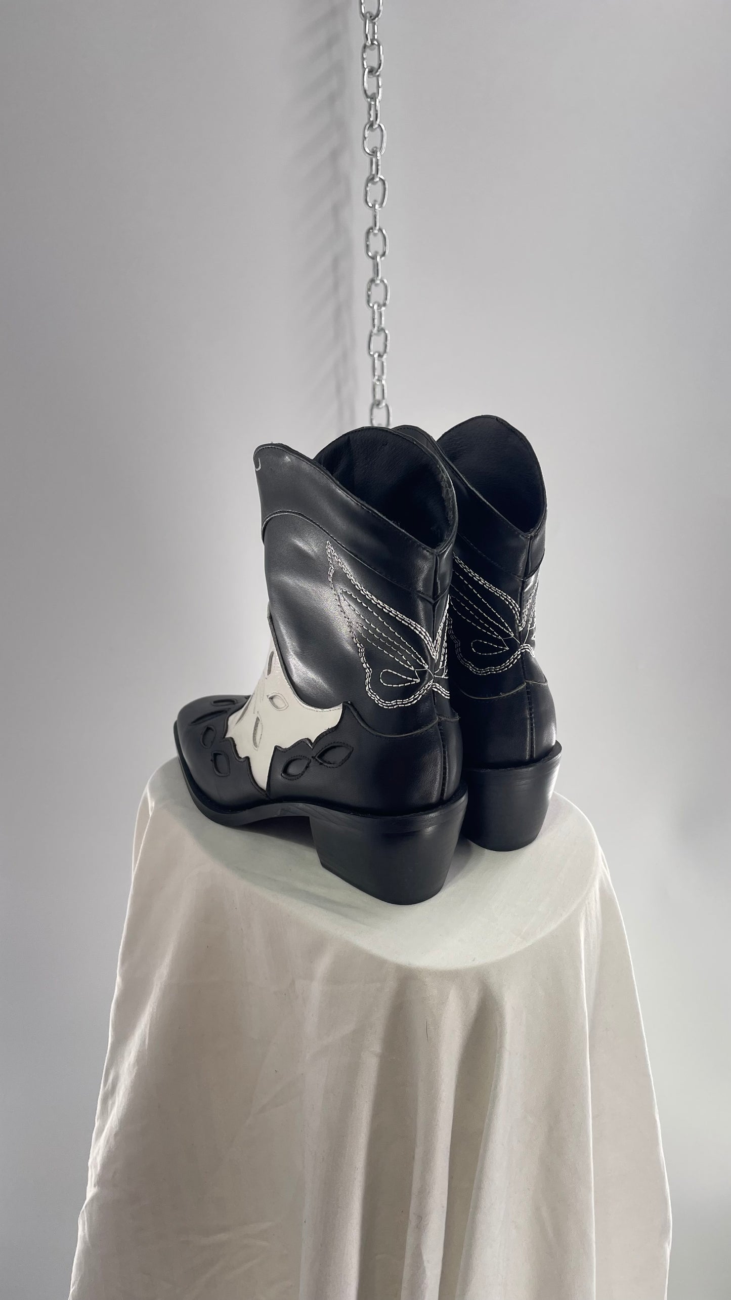 Black and White Cowboy Boots with Embroidered Butterfly Wings on Back (40)