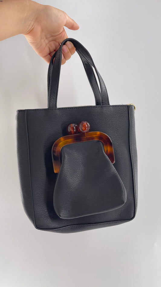 Anthropologie Black Vegan Leather Purse with Detachable Coin Purse and Strap