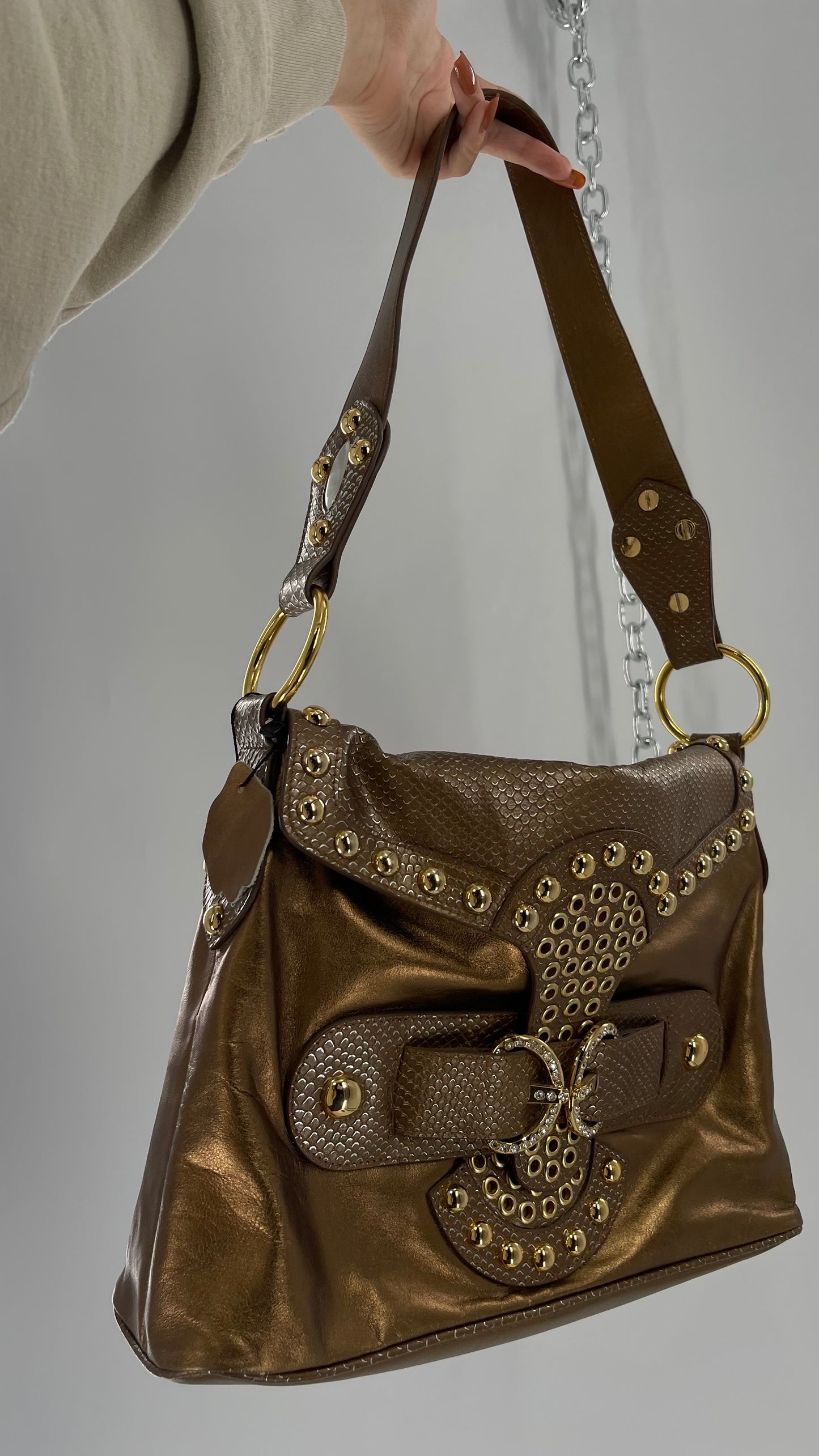 Deadstock Vintage The Find Grandeur Bronze Bag with Grommets, Gemstones, Studs and Exaggerated Buckle