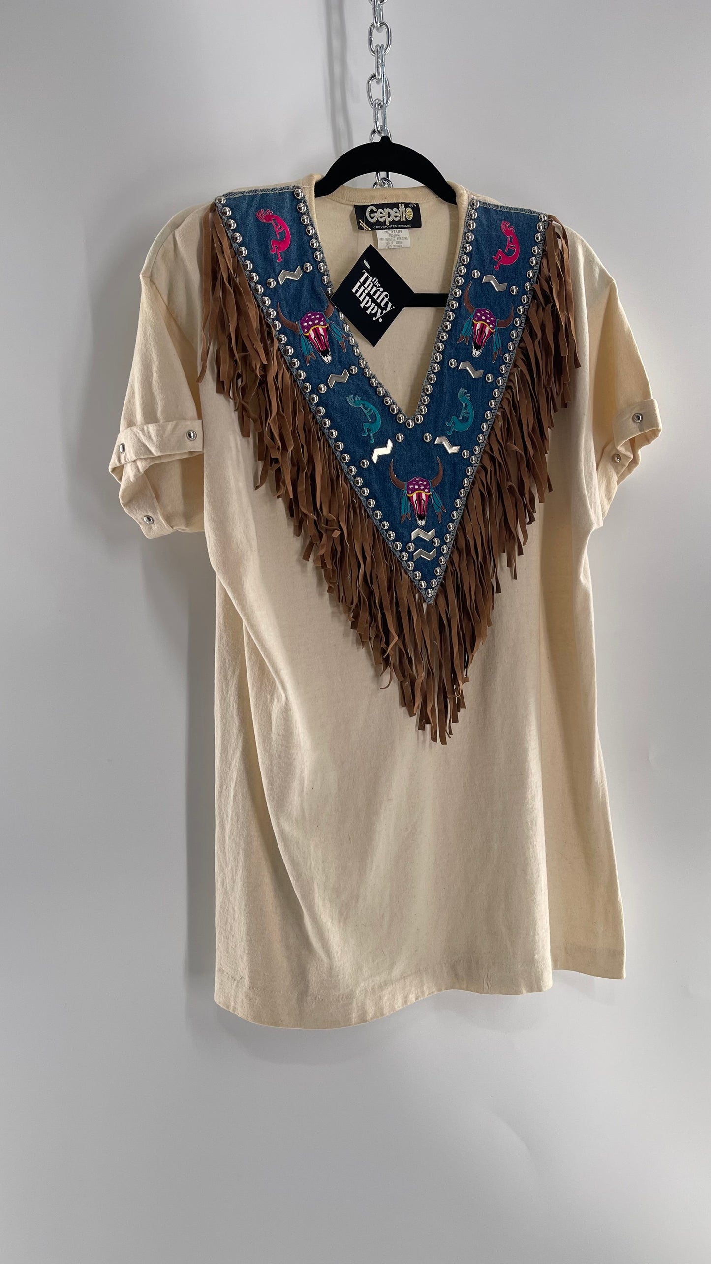Vintage 1980s GEPETTO Off White Rodeo Western T Shirt with Denim Lined V Neck, Faux Leather Fringe Detail, Embroidery, and Heavy Duty Studs