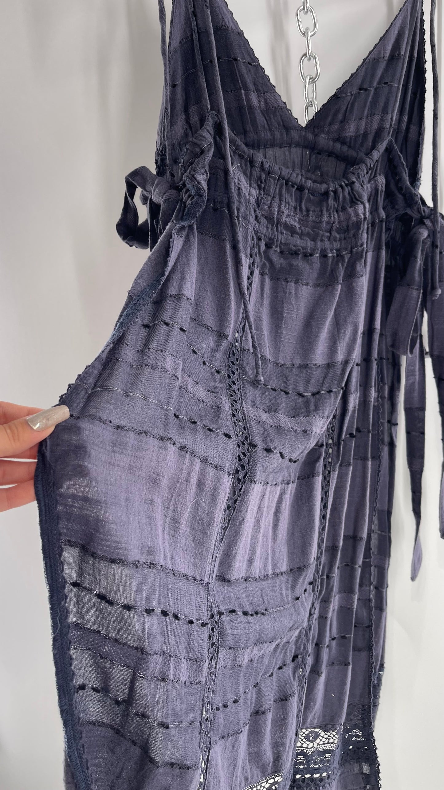 Free People Navy Blue Cotton Lace and Embroidered Open Tie Side Dress (M)