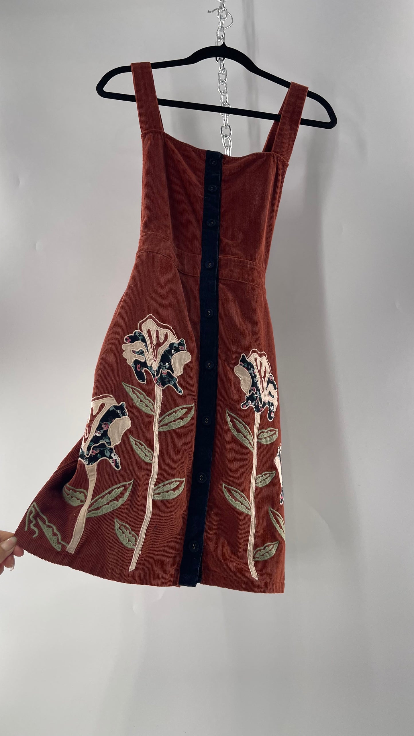 Seen. Worn. Kept. Anthropologie Terracotta Burnt Orange Corduroy Overall Dress with Embroidered Flower Details (S)