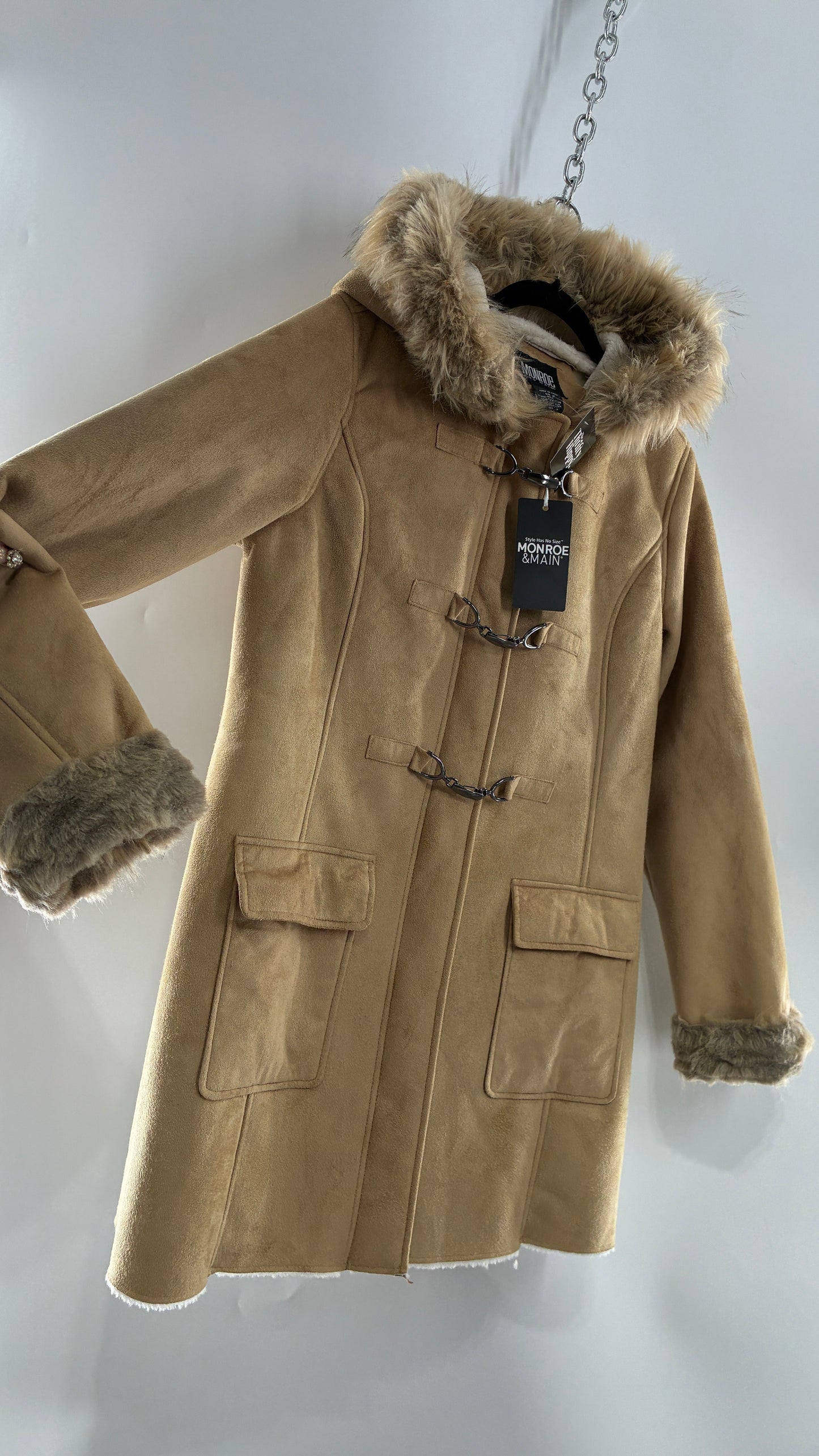 Deadstock Vintage MONROE AND MAIN Vegan Suede Coat with Fur Cuffs and Hood, Tags Attached (Medium)