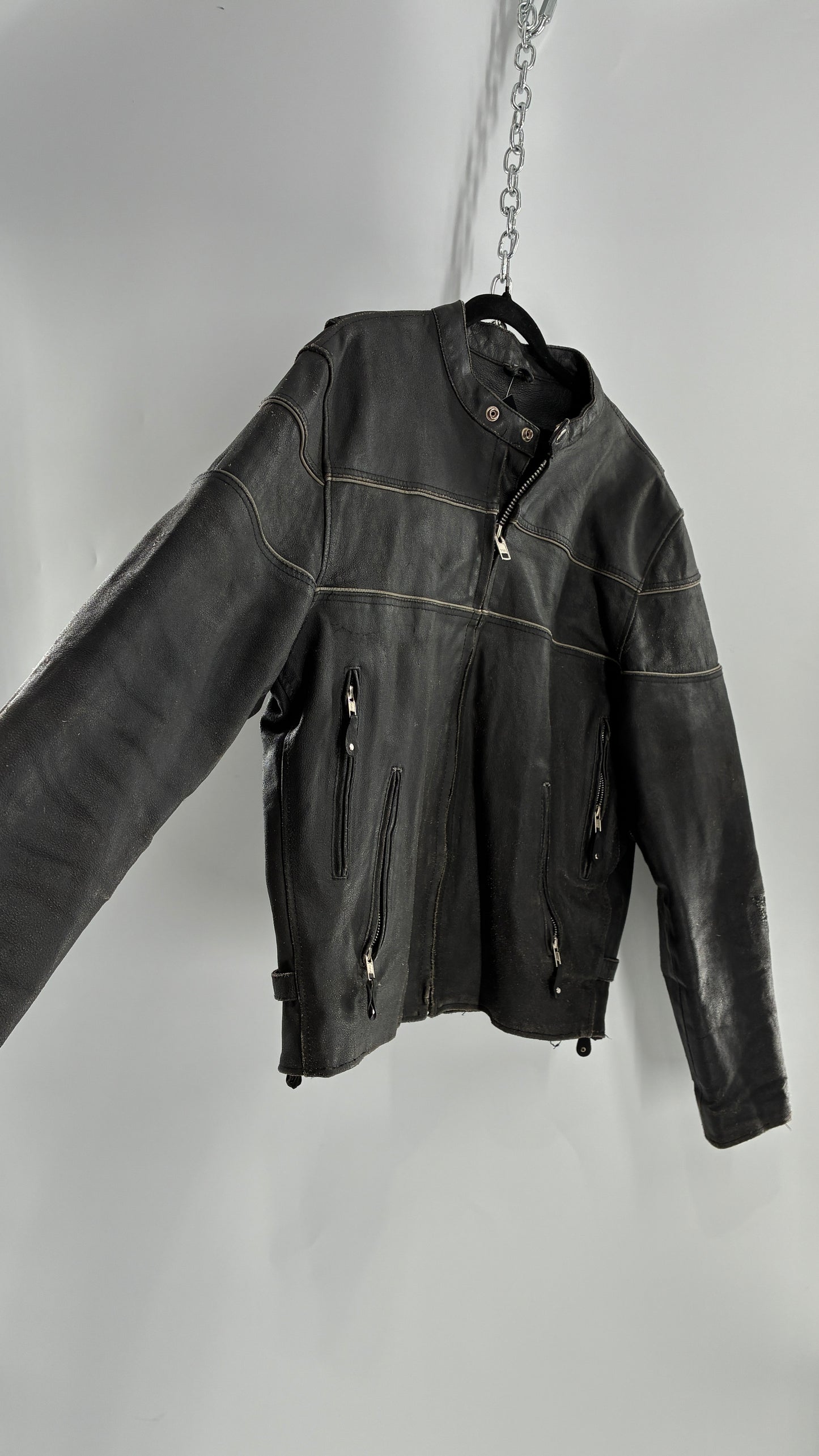 Vintage Distressed Genuine Leather Motorcycle Jacket with Zippered Pockets, Cuffs, and Sides (Large)