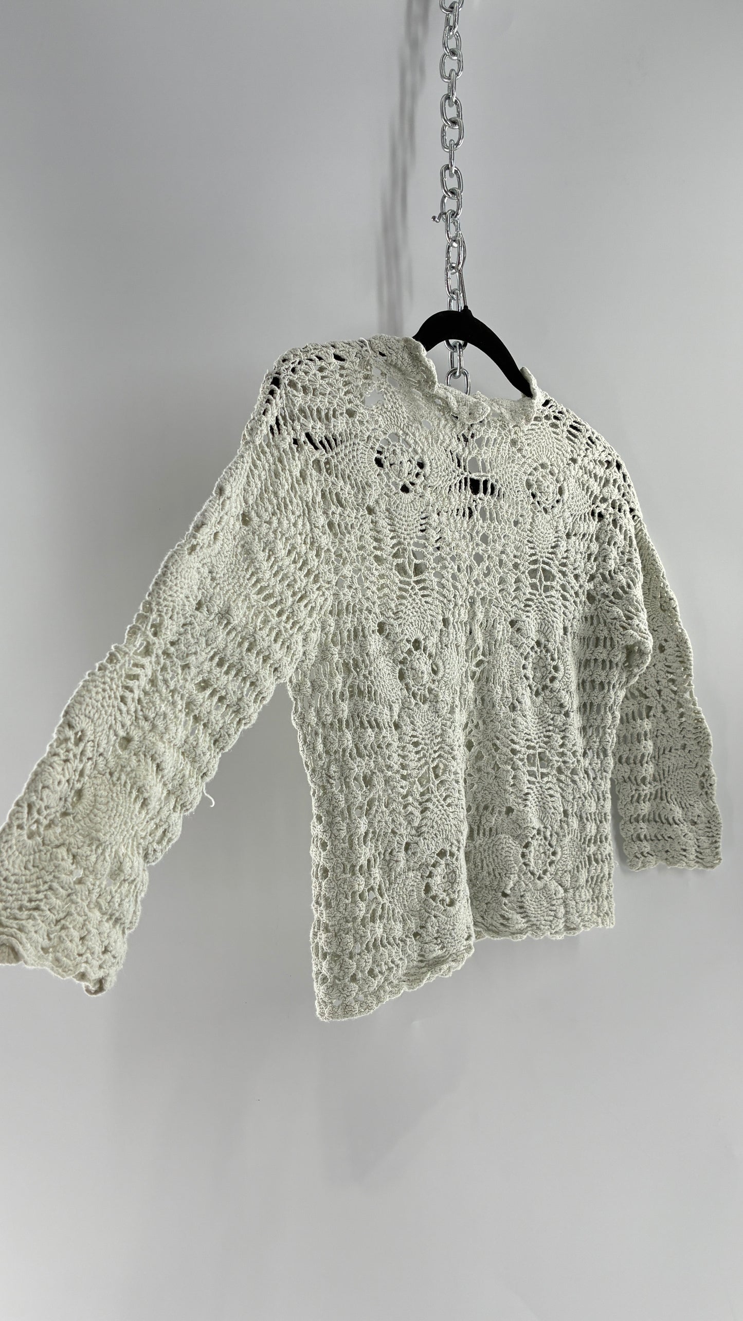 Vintage TAKEOUT Grey Crochet Knit Tie Bust Cardigan Top (Medium)
