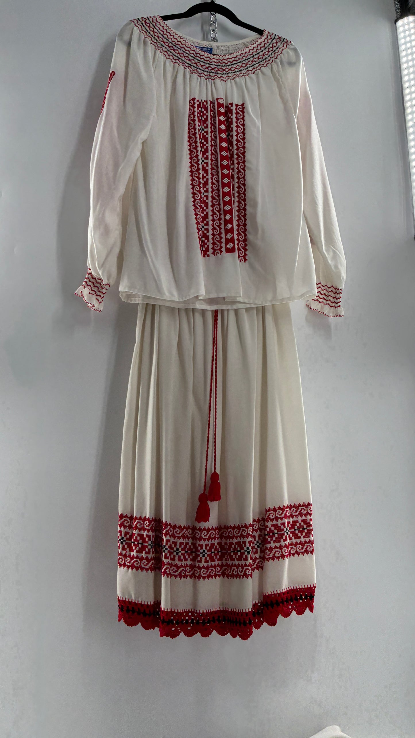 Vintage 1970s LUX FOLKLOR Budapest Handmade Cotton Long Sleeve and Skirt Covered in Red Embroidery and Stitching