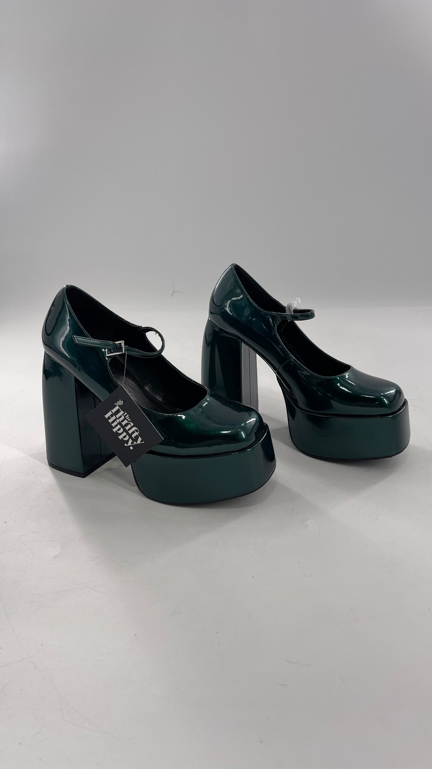 KOI FOOTWEAR Patent Emerald Green Platform Chunky Heel Mary Janes (9/39)