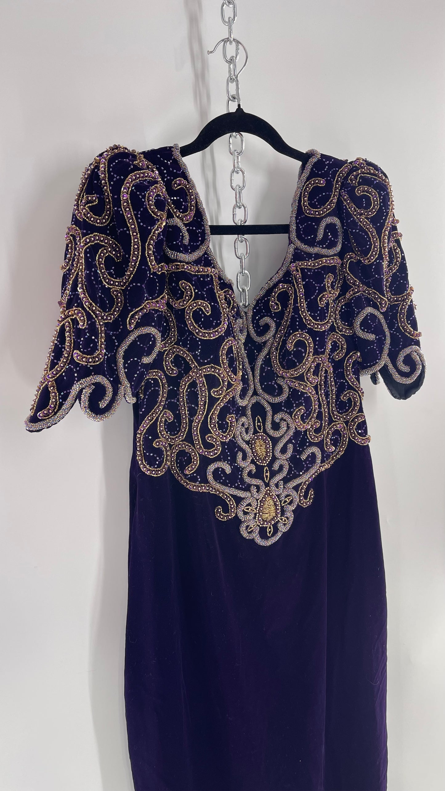 Vintage Landa Heavy Purple Velvet/Velour Gown with exaggerated Beaded Bodice (40)