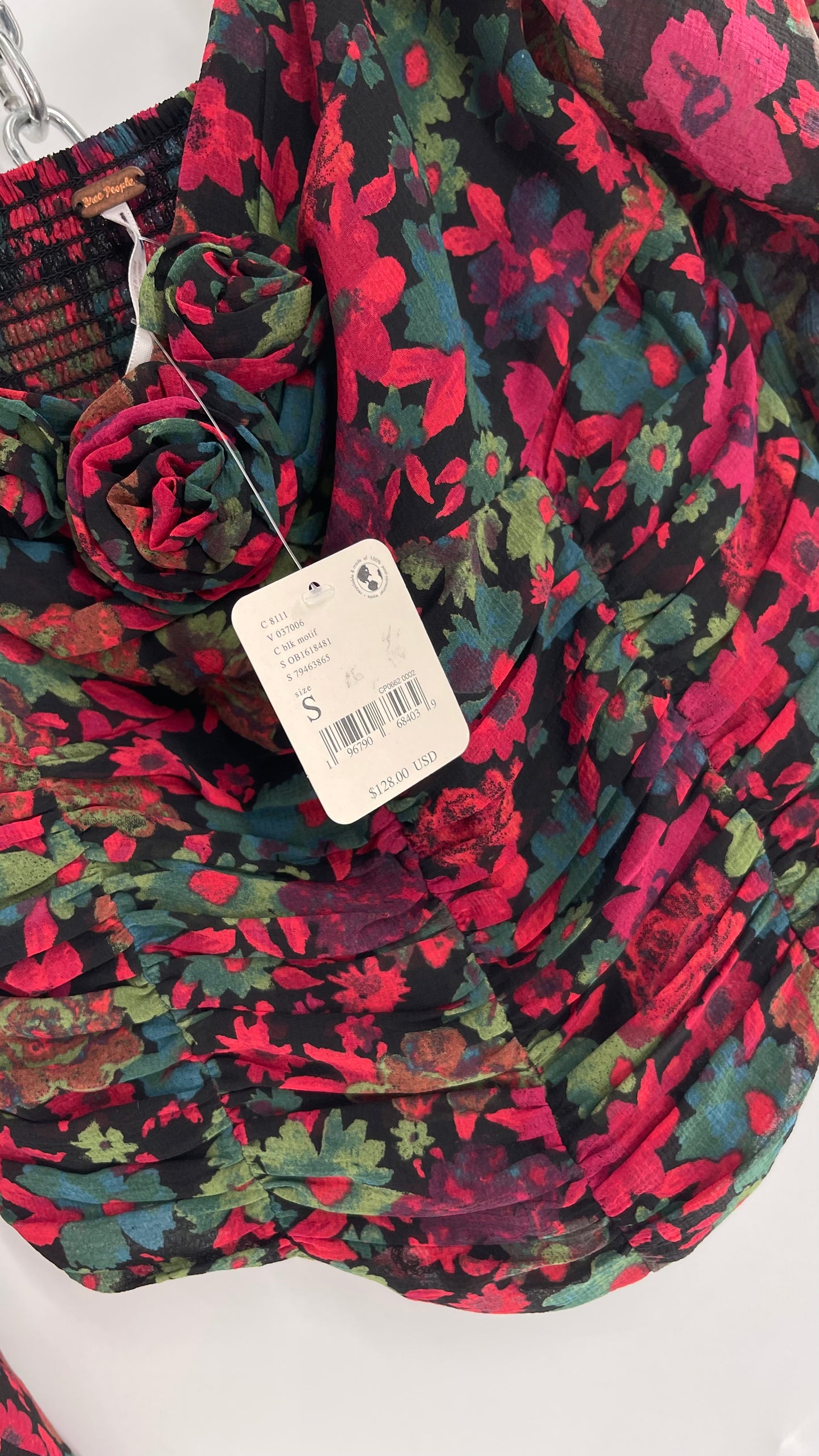 Free People Cropped Floral Blouse with Ruched Body, Balloon Sleeves and Appliqué Rosette Bustline with Tags Attached (Small)
