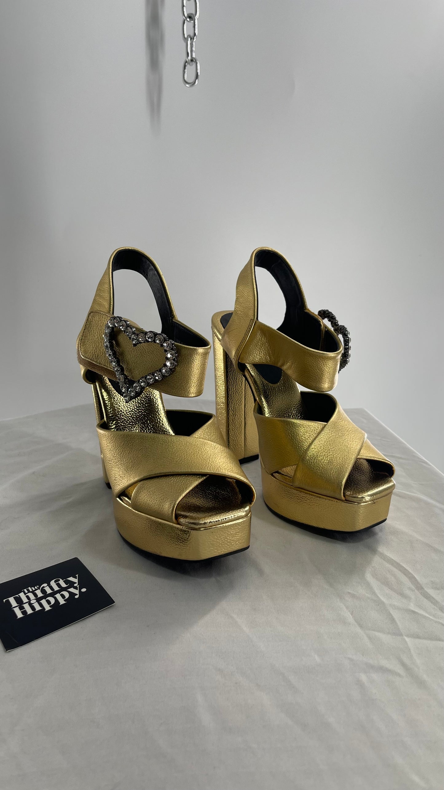 Jeffrey Campbell Metallic Gold Chunky Gold Platform Heel with Rhinestone Heart Buckles (6.5)