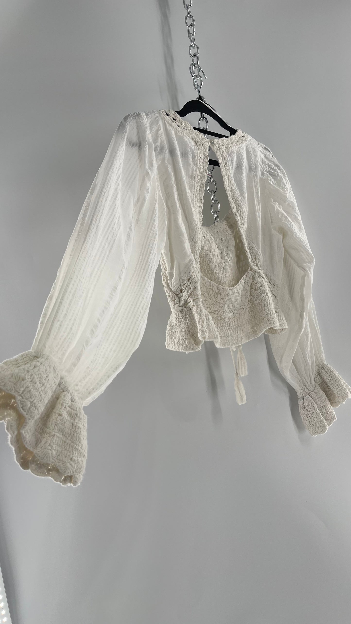 Free People White Megan Blouse with Crochet Knit Bodice and Open Back (XS)