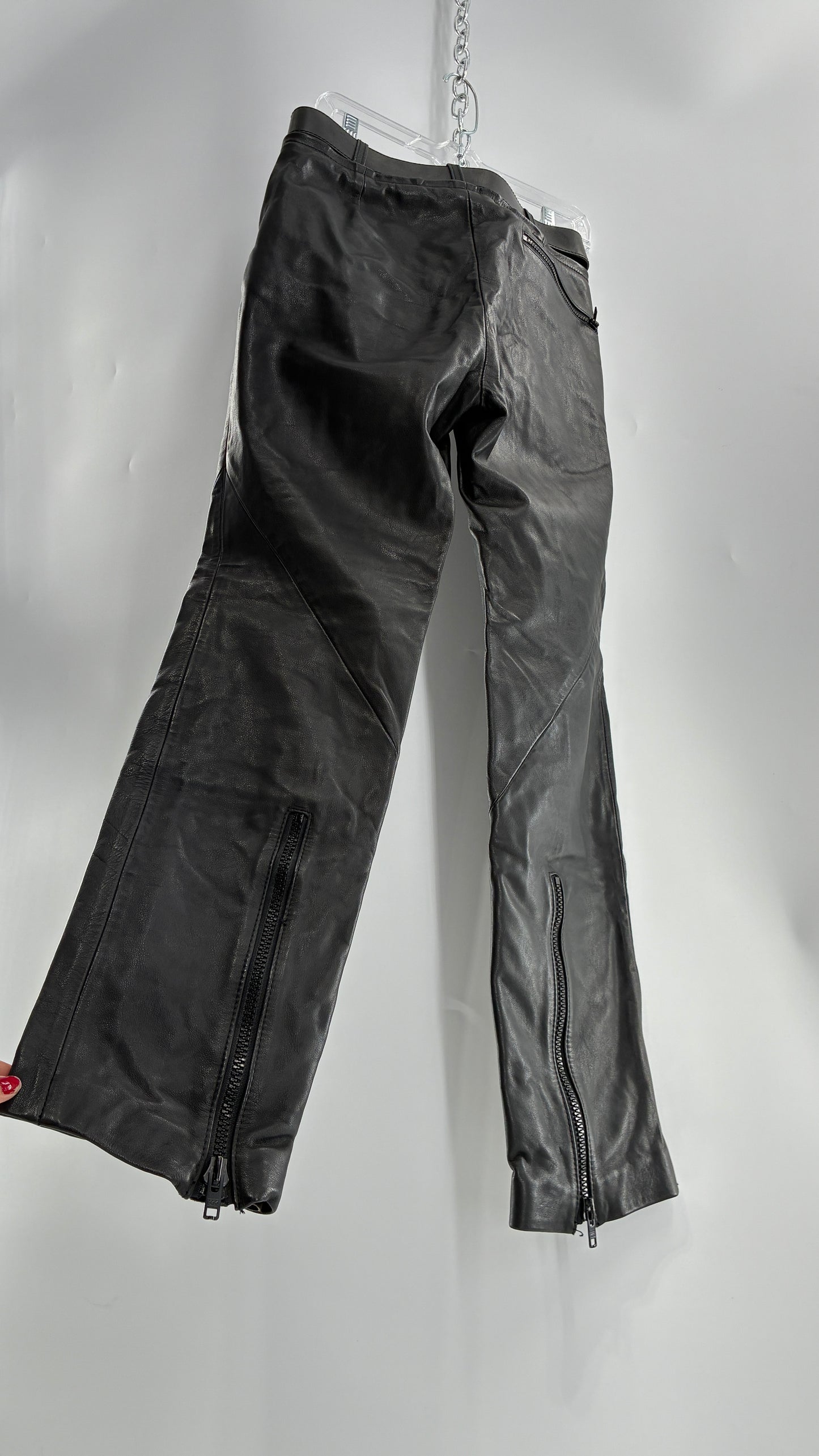 Vintage Black Italian Leather Motorcycyle Pants with Built In Belt and Zipper Detailing (XS)