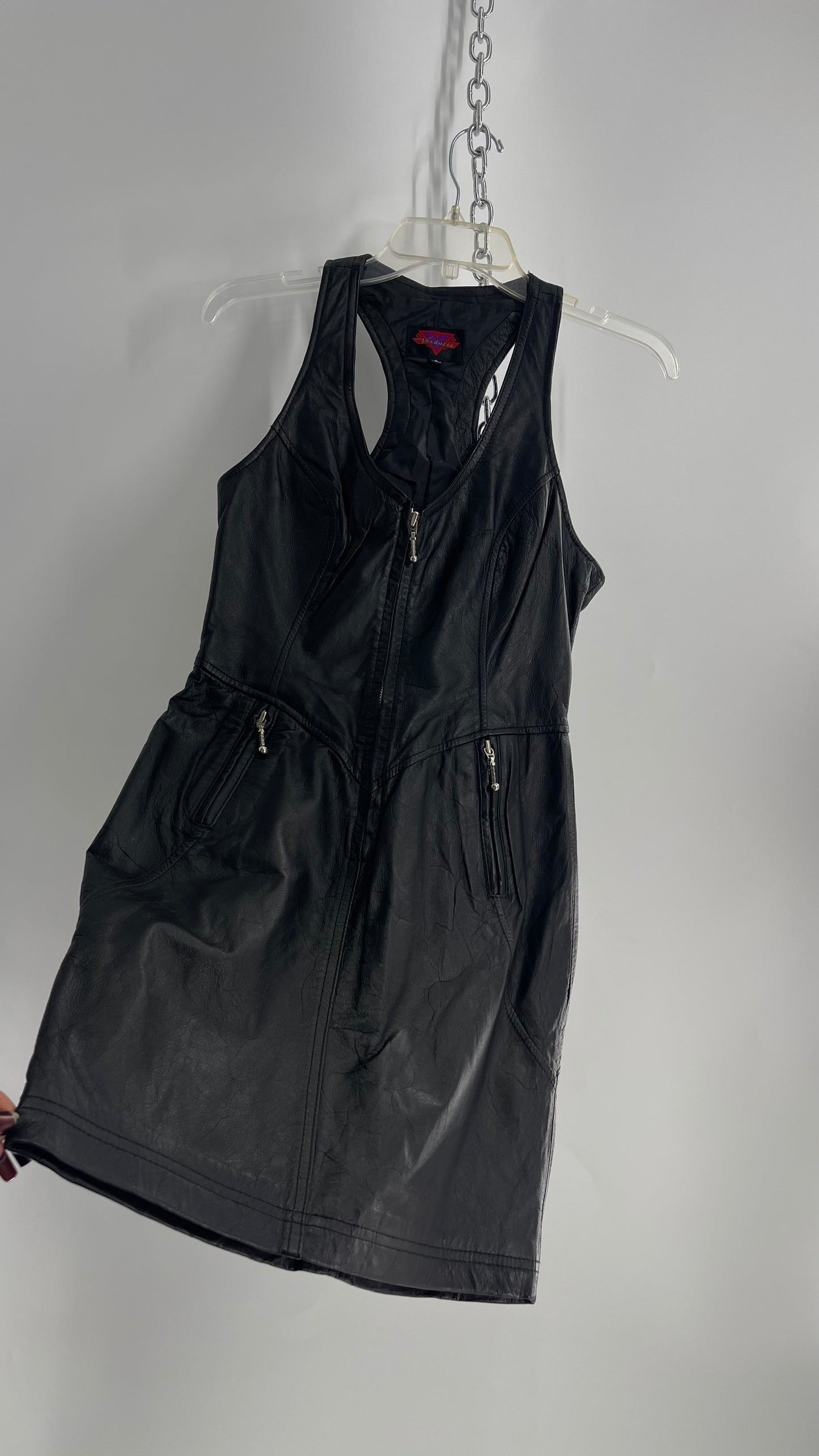 Vintage 1980s VERDUCCI Black Leather Zip Front Mini Dress (Small)