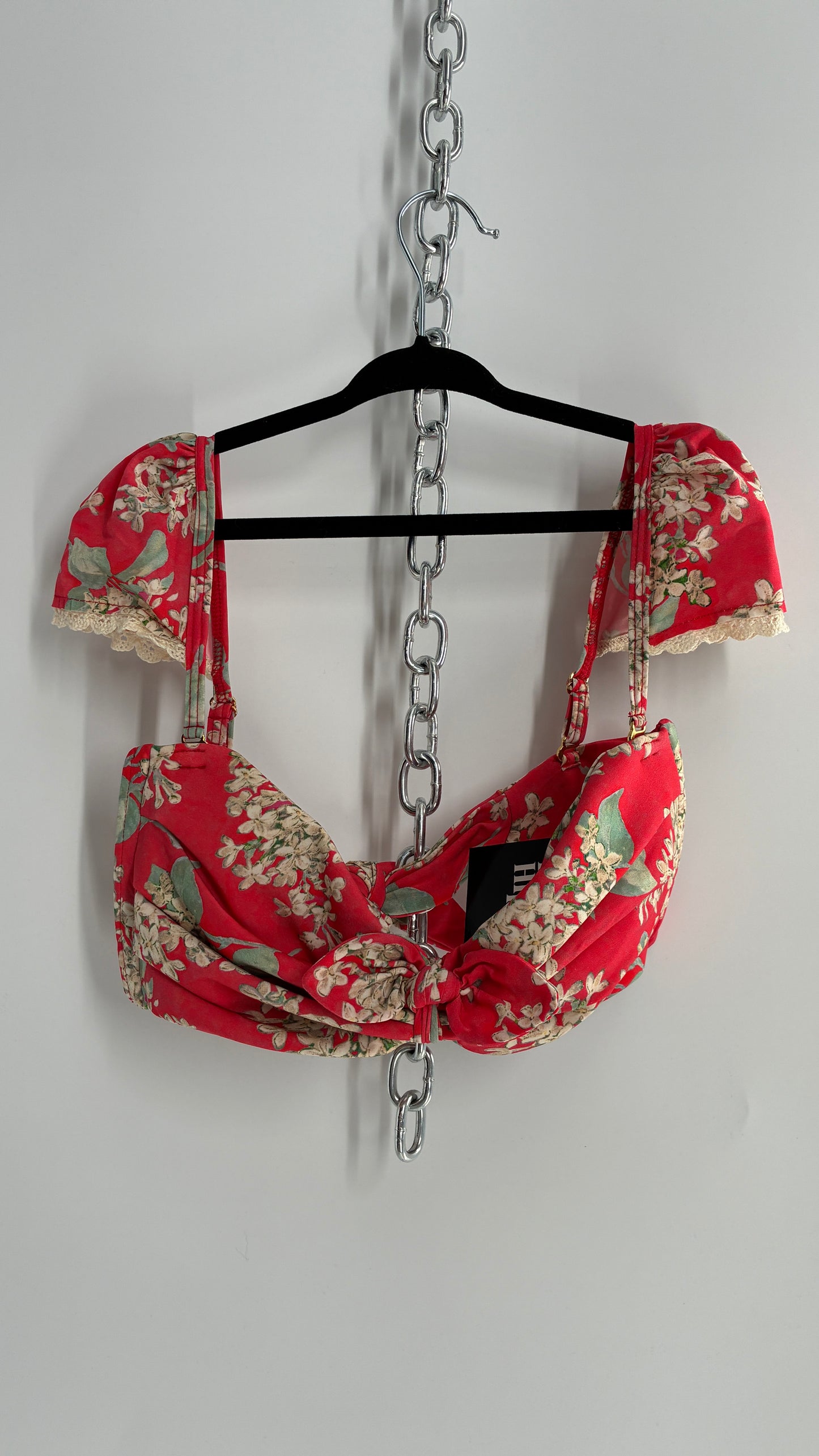 MONTCE Free People Pink Floral Tie Bust Swim Top with Cap Sleeves, Lace Edges, and Tags Attached (Medium)