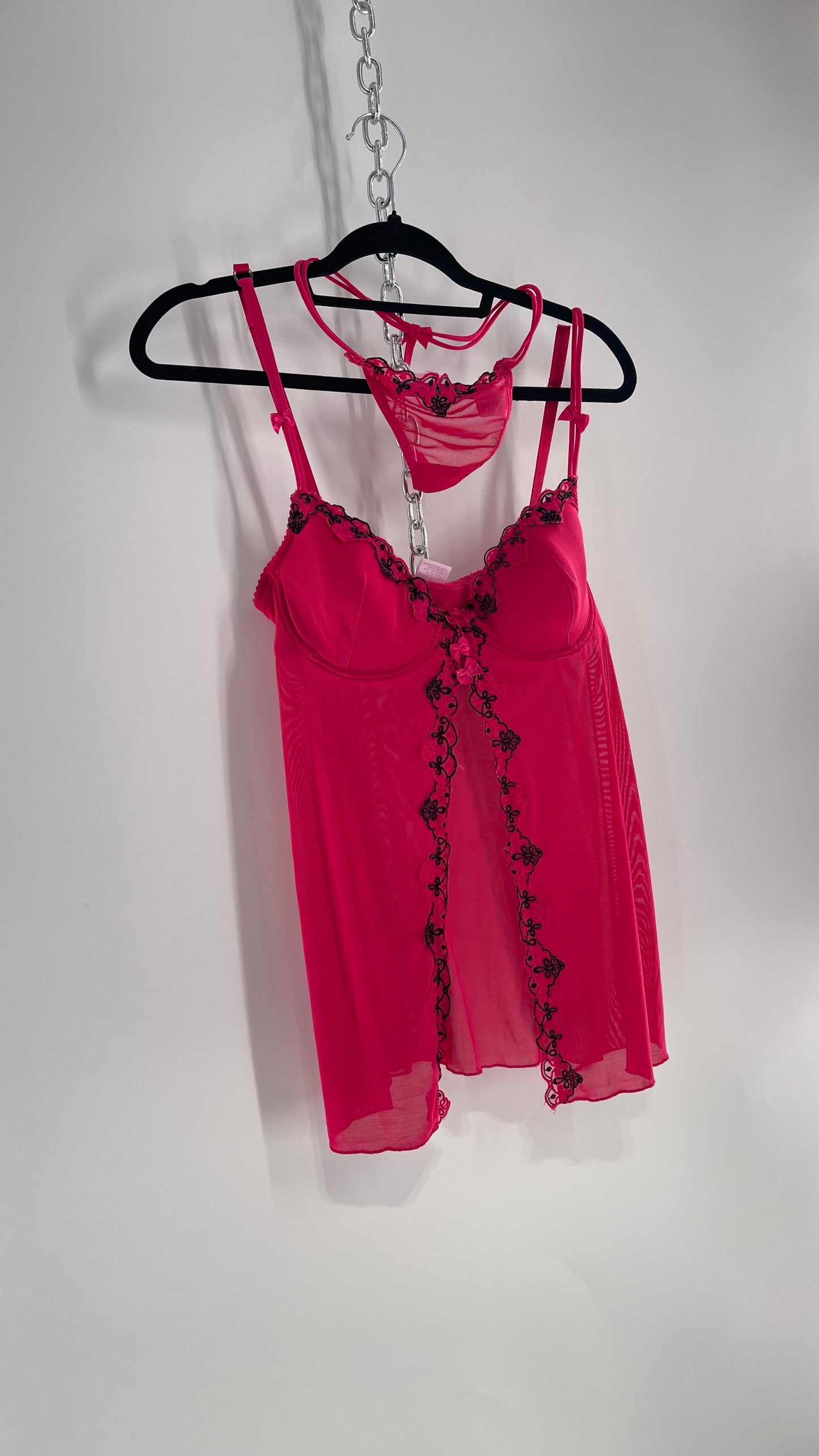 Vintage HOT Hot Pink Vented Babydoll Top and Thong Set with Black Embroidery and Bows (Medium)