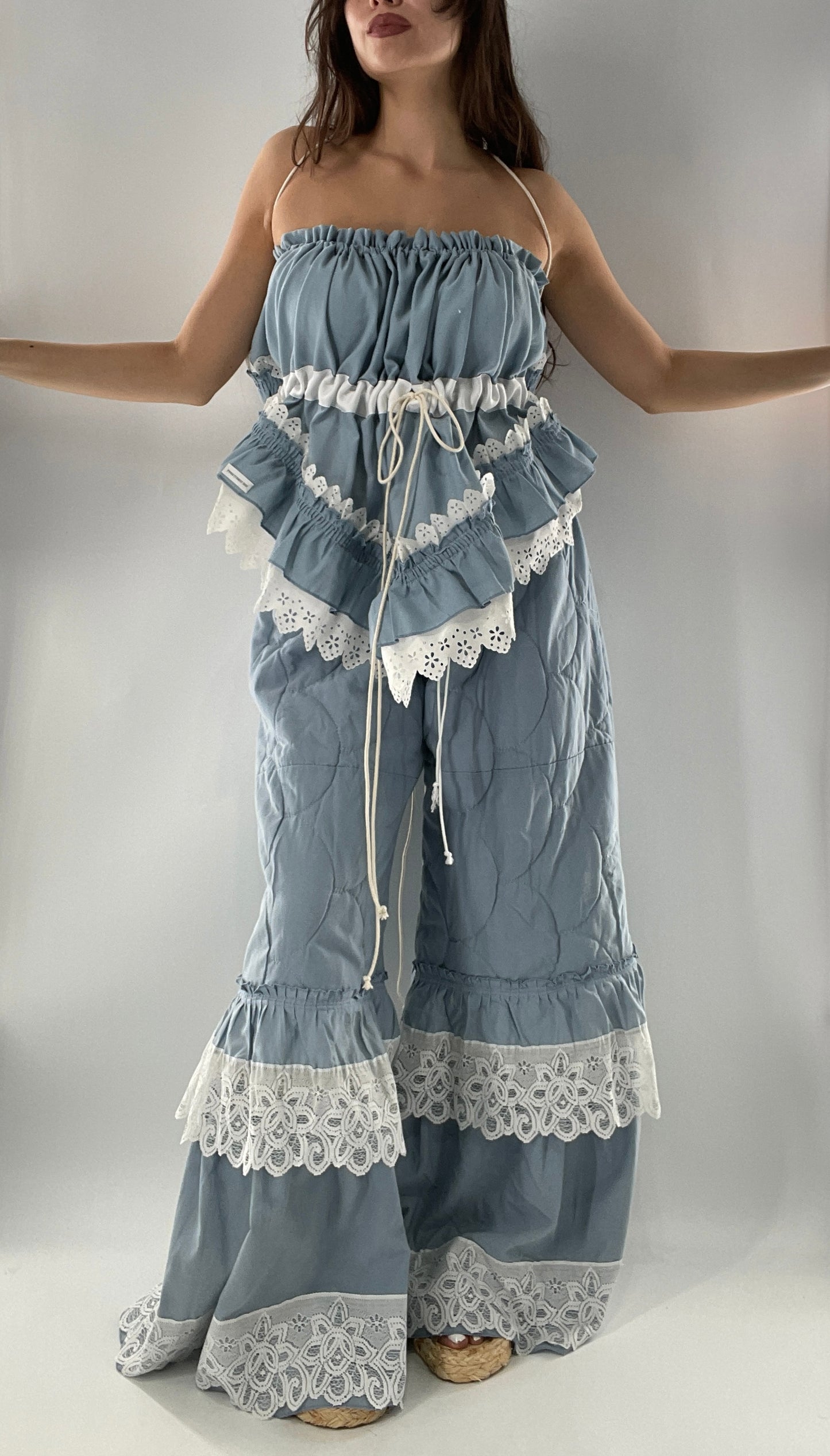 Vintage 2 Piece Powder Blue Set Featuring 2Way Blouse and Quilted Trousers Covered in Ruffles, Lace and Trim (One Size)