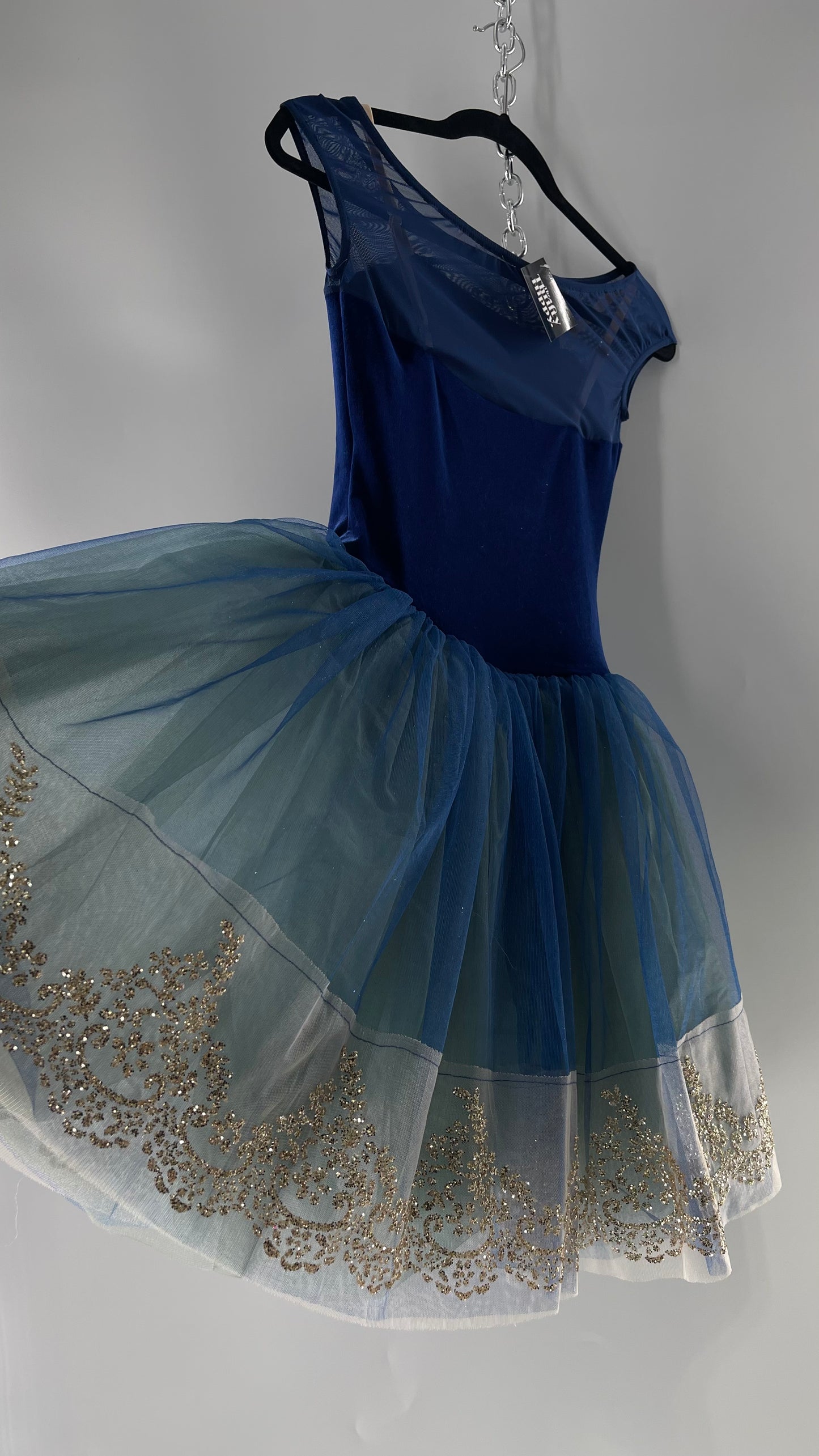 Midnight Muse Navy and Teal Mesh Tutu Skirt with Gold Glitter Hem Detailing (Medium)