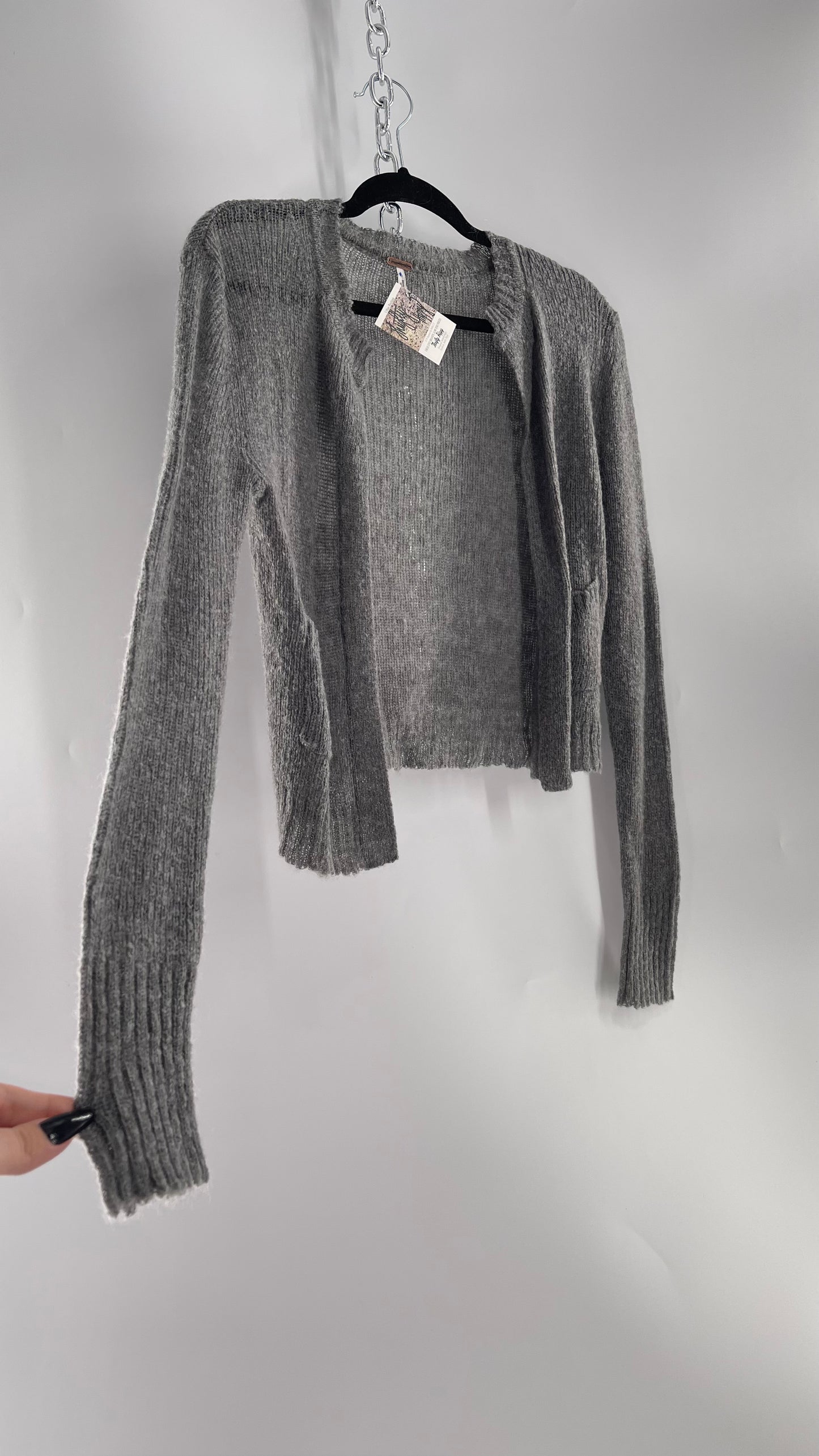 Free People Gray Pocketed Cropped Cardigan (XS) 29% Mohair 21% Wool