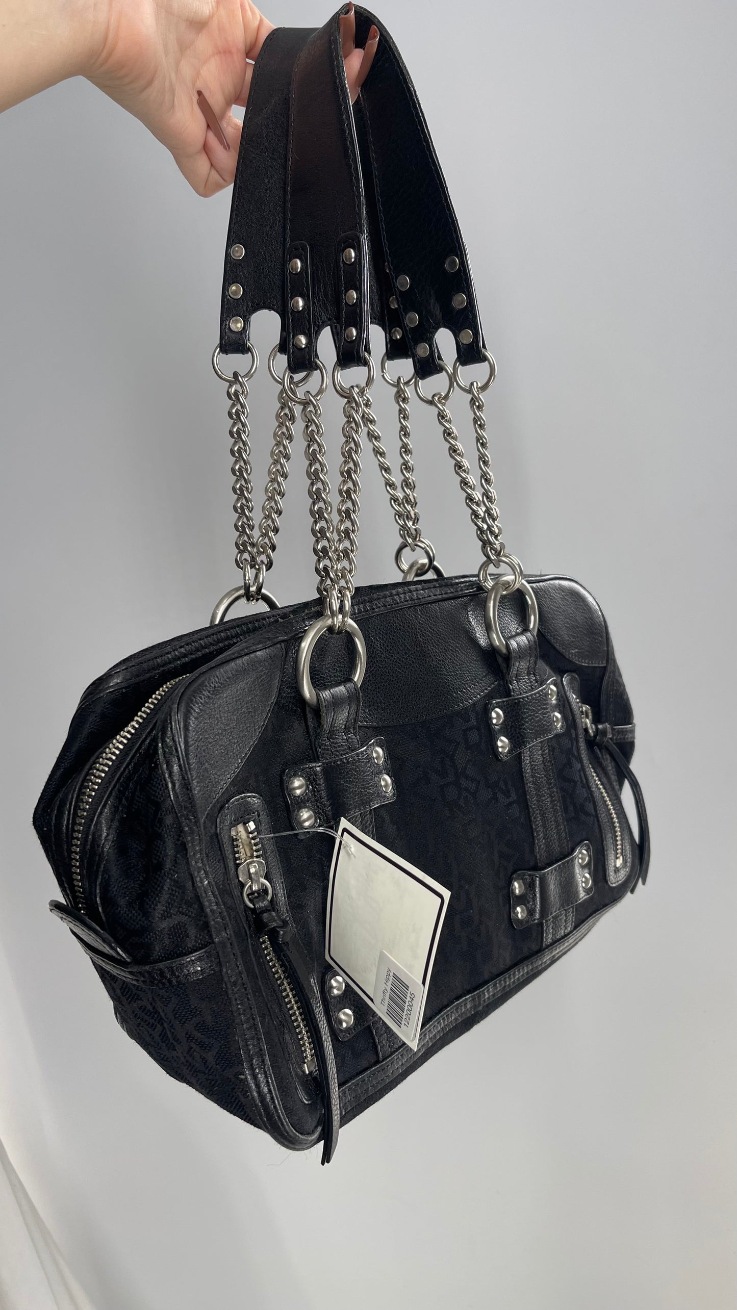 Vintage DKNY 1990s Black All Over Logo Bag with Leather and Chain Details