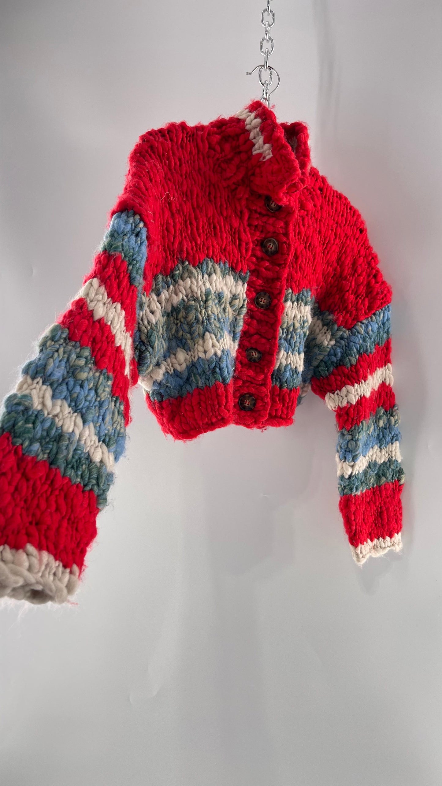 BDG Urban Outfitters Thick Knit Red White Blue Chunky Cropped Striped Cardigan (XS)
