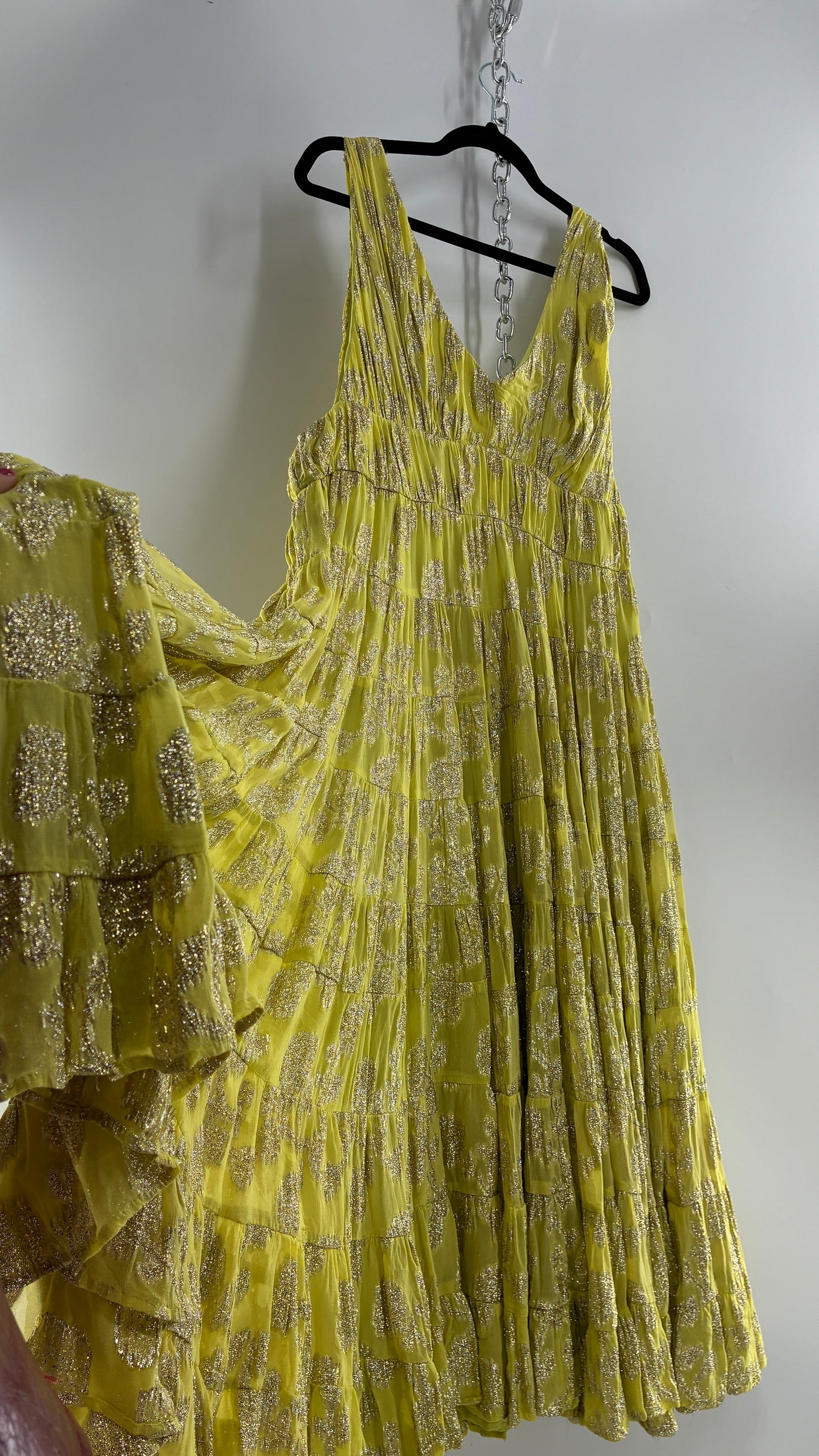 LET ME BE Lime Yellow/Green Ultra Voluminous Tiered Dress with Gold Metallic Jacquard Appliqué Pattern (XL)