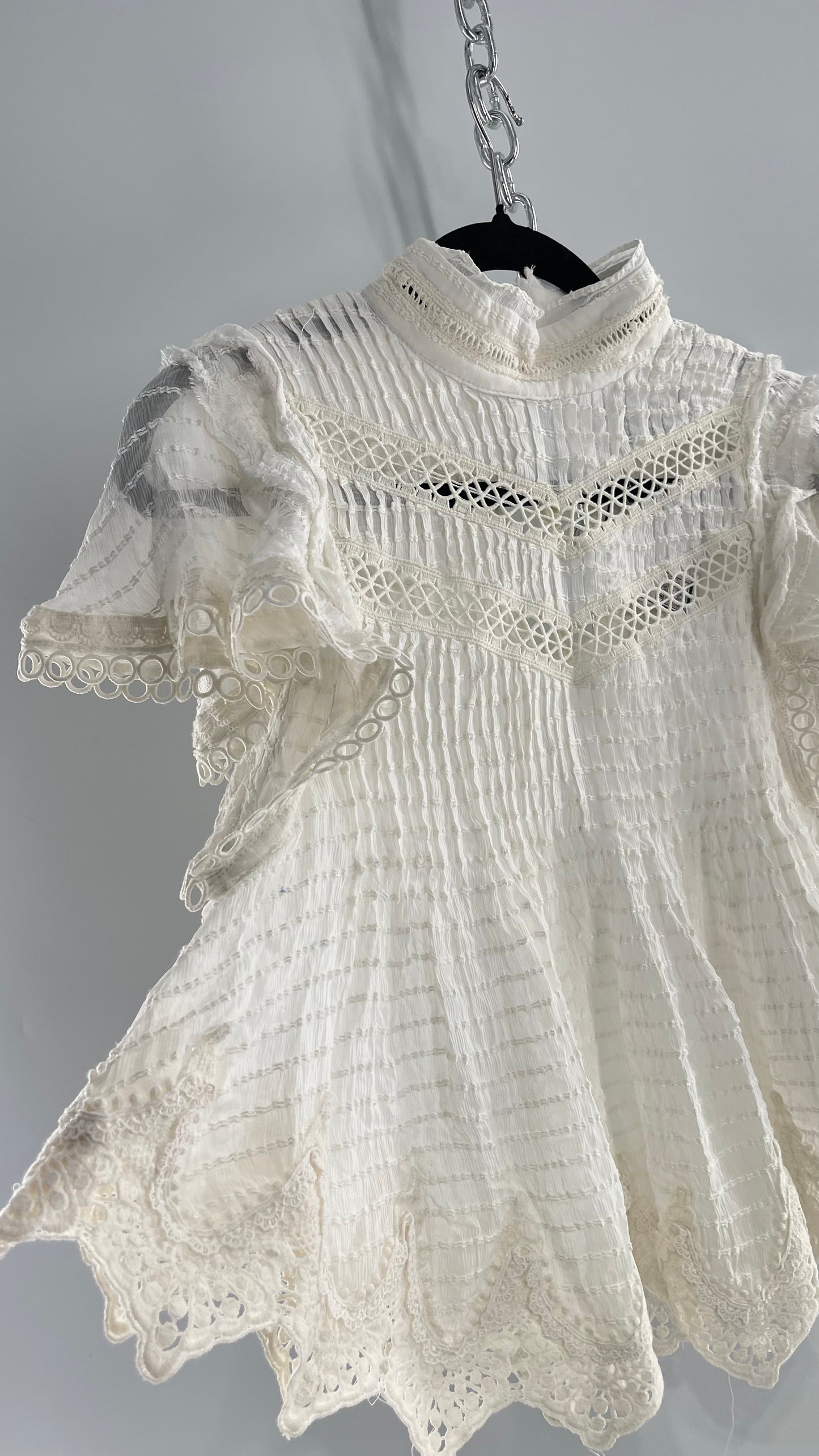 Kimchi Blue White 68% Viscose 32% Cotton Romantic Blouse with High Neck, Textured Body, and Scalloped Lace Hem and Sleeves (Small)