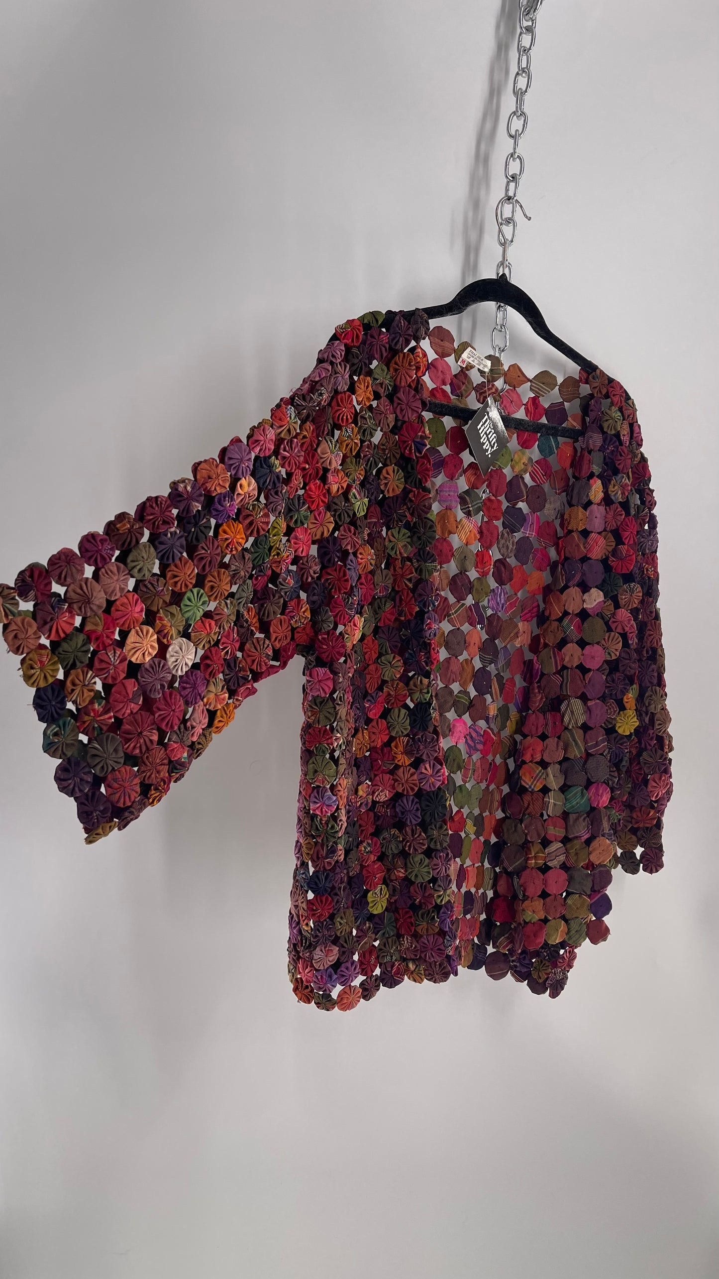Vintage Handcrafted Multicolored Print Yo-Yo Quilt Kimono Sleeve Jacket, 1970s Thai 100% Silk
