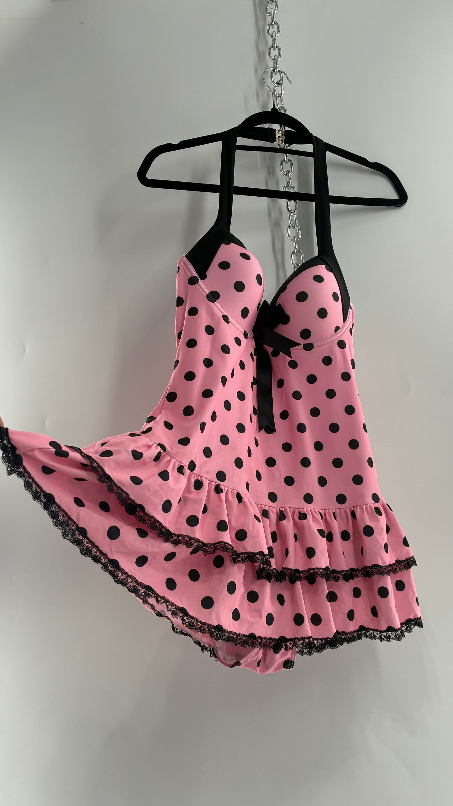 Vintage Retro Style Pink Polka Dotted Swim Dress with Ruffled Skirt and Underwire Bust (XL)