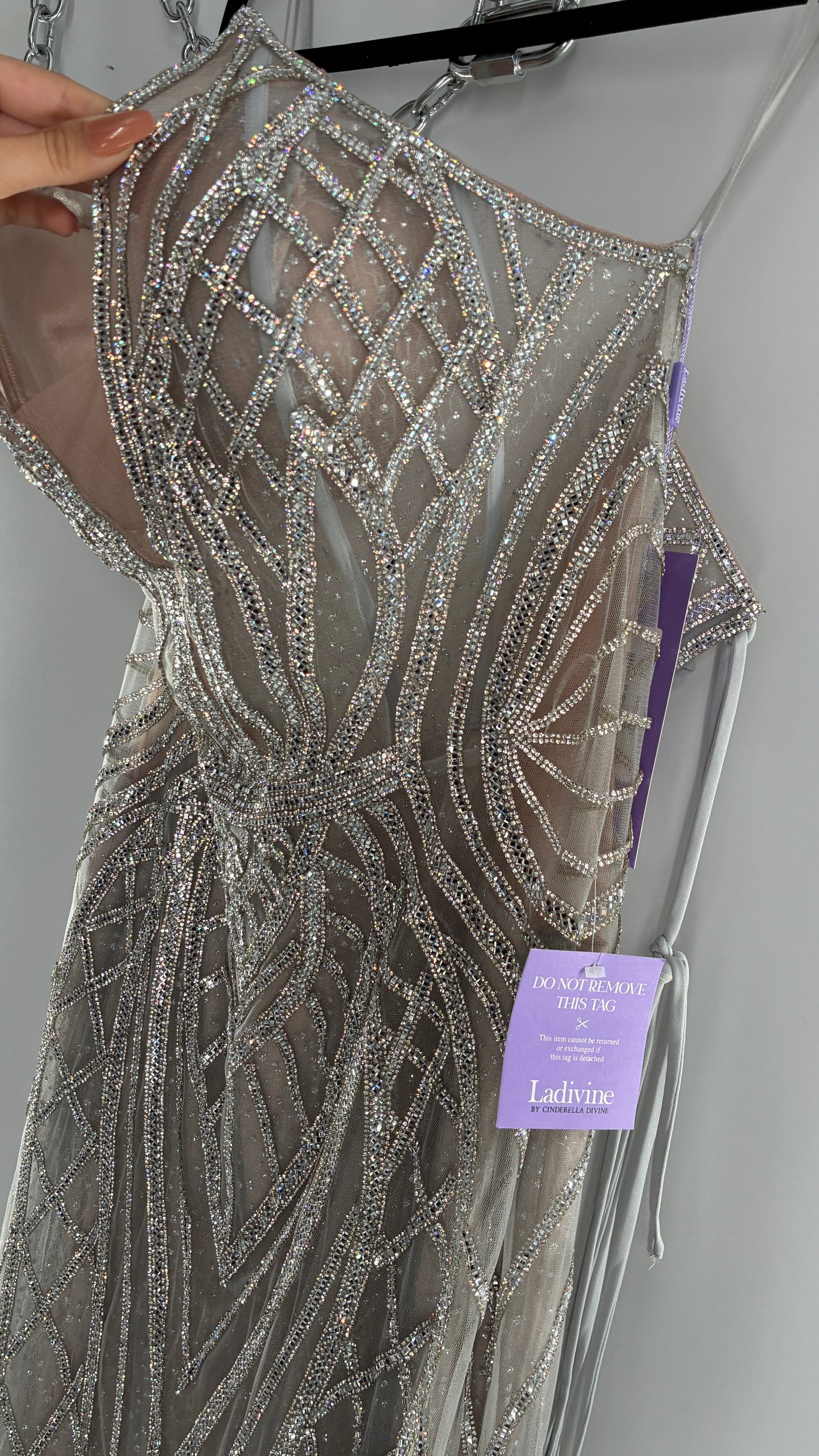 NWT LADIVINE by Cinderella Divine Silver Nude CC6018 Mermaid Corseted Gown with Multiple Layers of Tulle, Covered in Crystal Strips (16)