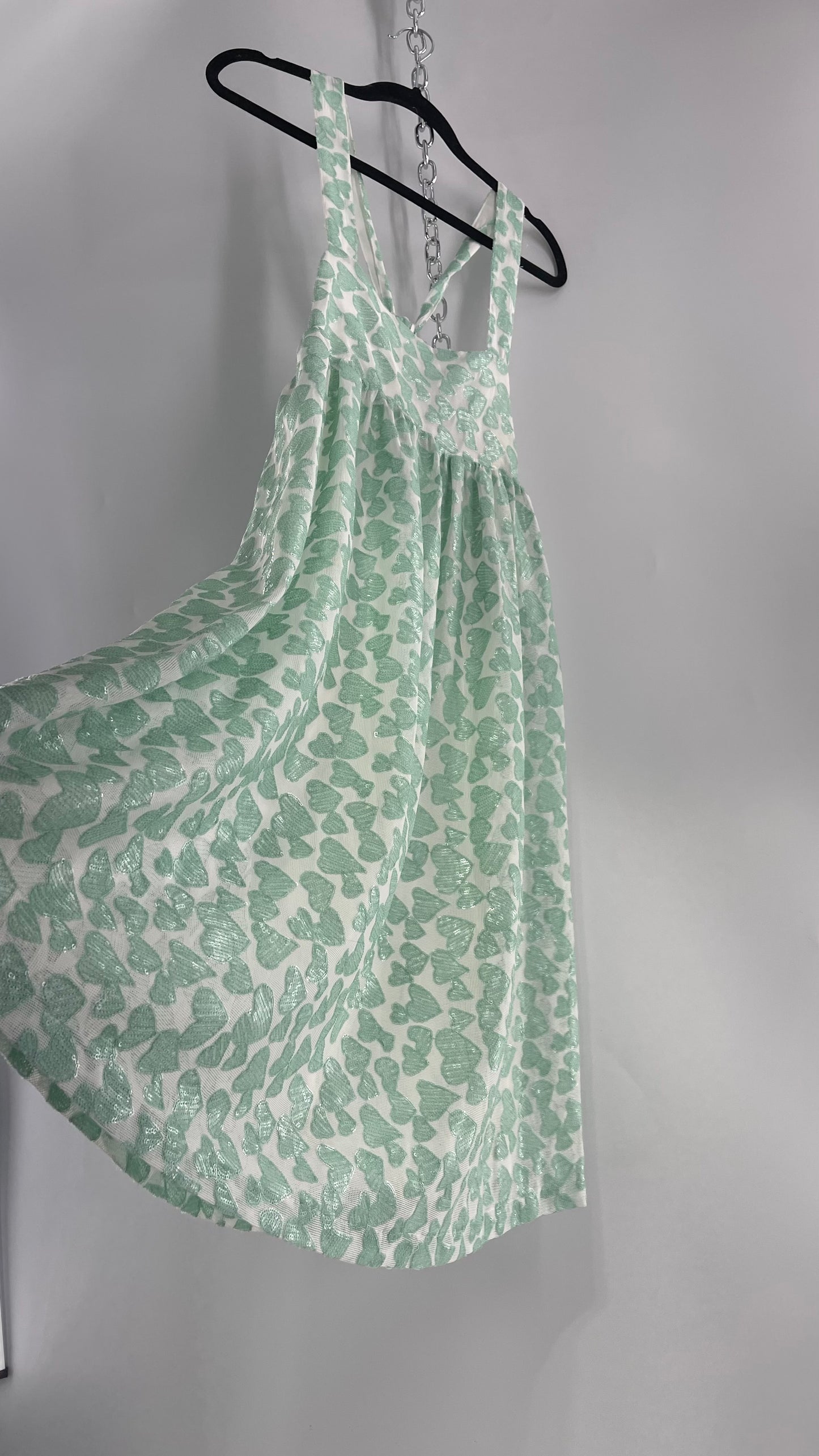 Kimchi Blue Babydoll Dress Covered in Sequin Teal/Mint Hearts (Medium)